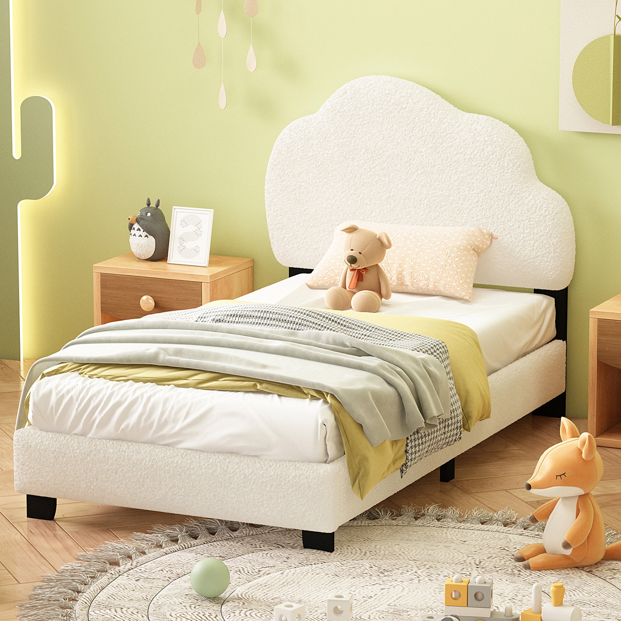 Twin Size Upholstered Boucle Fabric Platform Bed with Cloud-Shaped Headboard - Atlantic Fine Furniture Melbourne FL