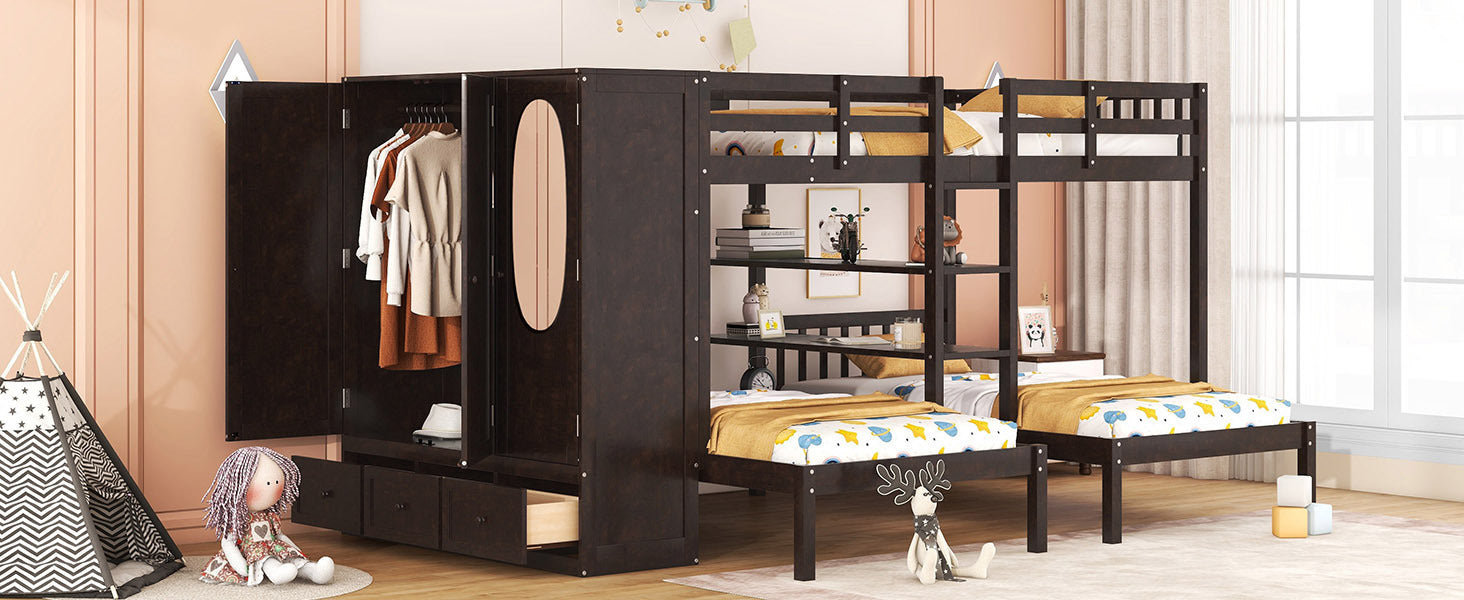 Full-Over-Twin-Twin Bunk Bed with Shelves, Wardrobe and Mirror, Espresso - Atlantic Fine Furniture Melbourne FL