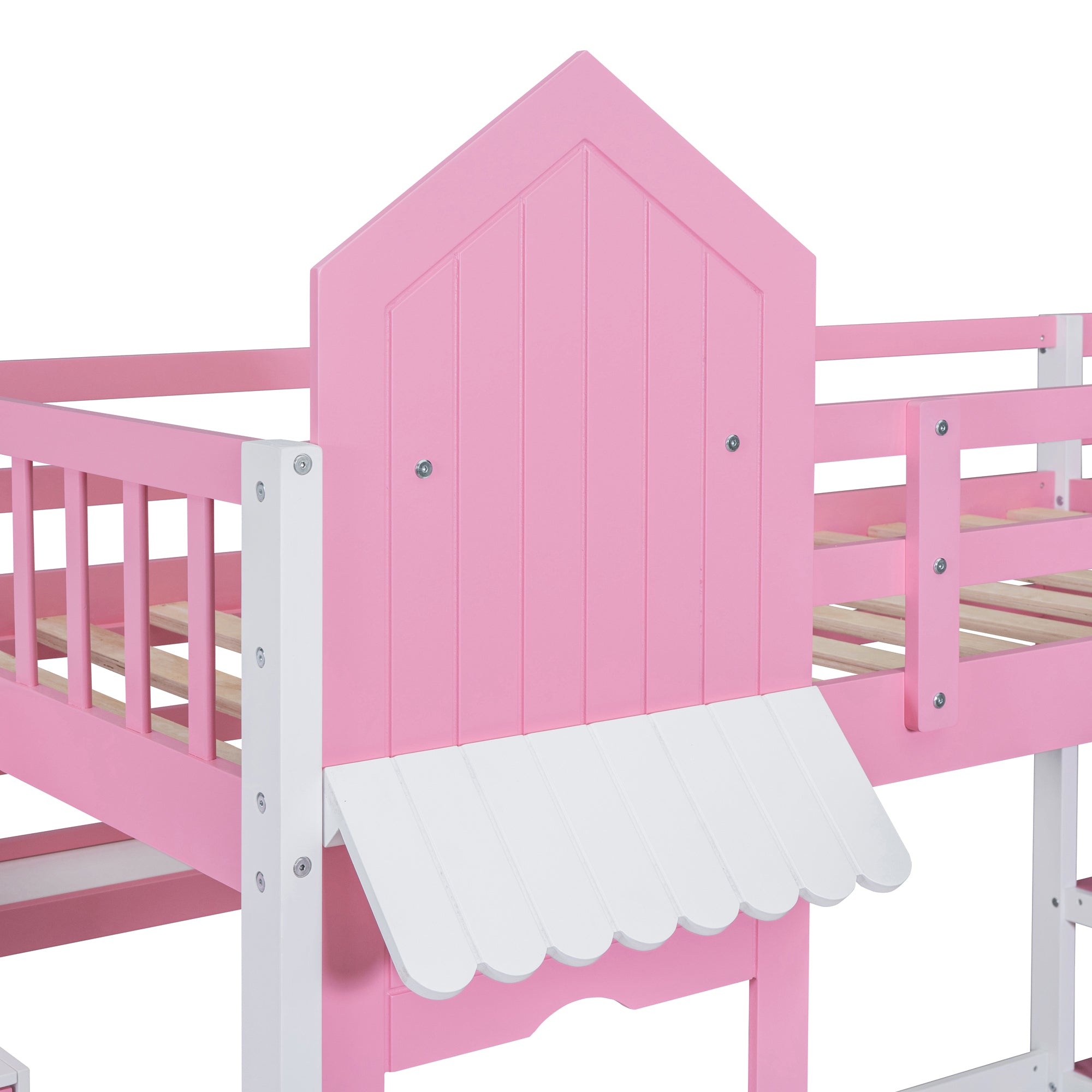 Twin-Over-Twin Castle Style Bunk Bed with 2 Drawers 3 Shelves and Slide - Pink - Atlantic Fine Furniture Melbourne FL