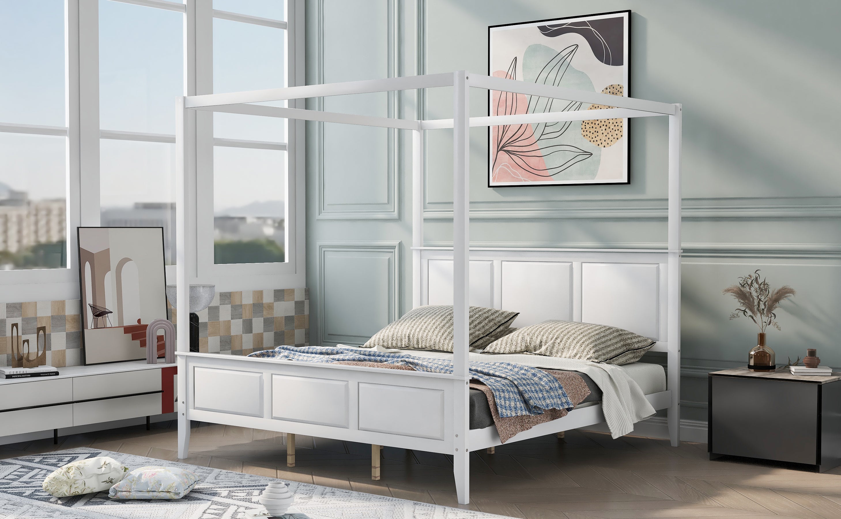 King Size Canopy Platform Bed with Headboard and Footboard,With Slat Support Leg, White - Atlantic Fine Furniture Melbourne FL