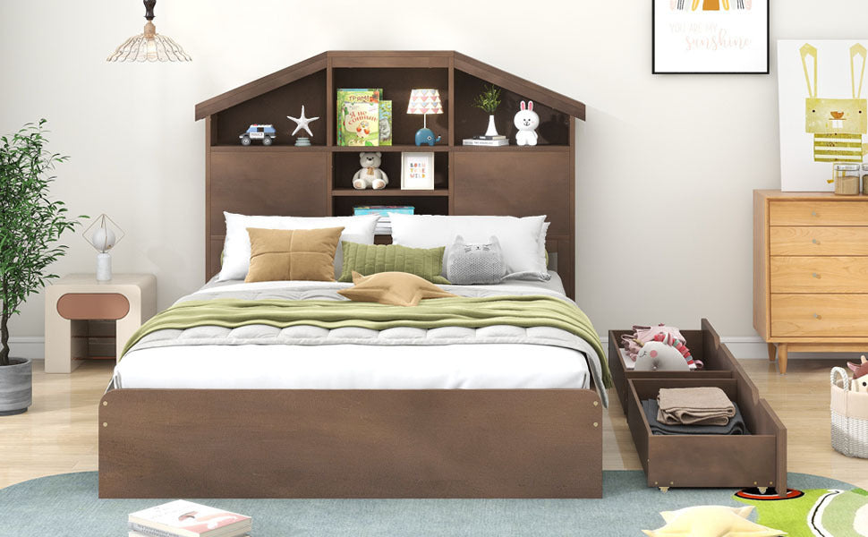 Full Size Wood Platform Bed with House-shaped Storage Headboard and 2 Drawers, Walnut - Atlantic Fine Furniture Melbourne FL