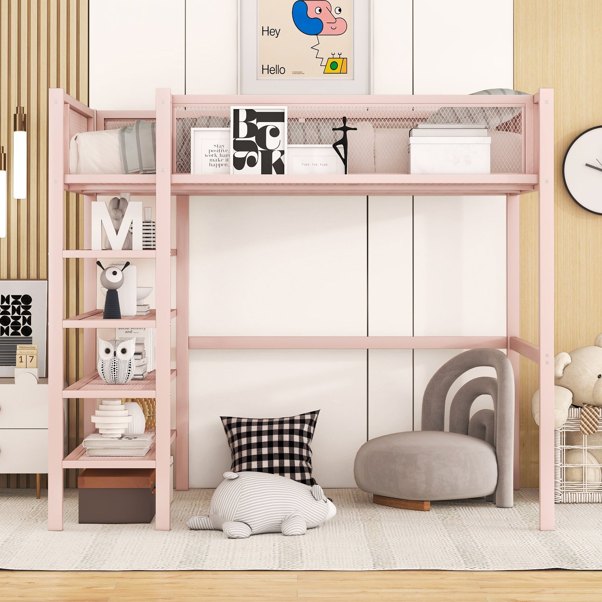 Twin Size Metal Loft Bed with 4-Tier Shelves and Storage, Pink - Atlantic Fine Furniture Melbourne FL