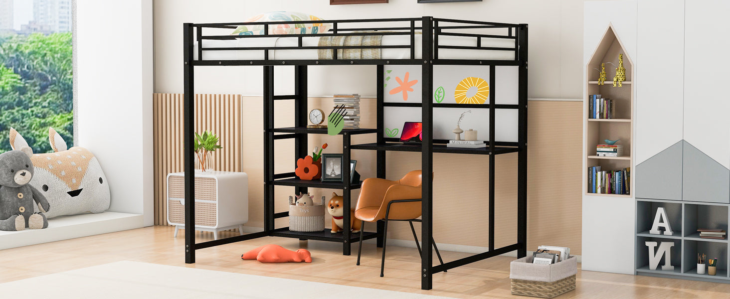 Full Size Loft Bed with Desk and Whiteboard, Metal Loft Bed with 3 Shelves and Ladder, Black - Atlantic Fine Furniture Melbourne FL