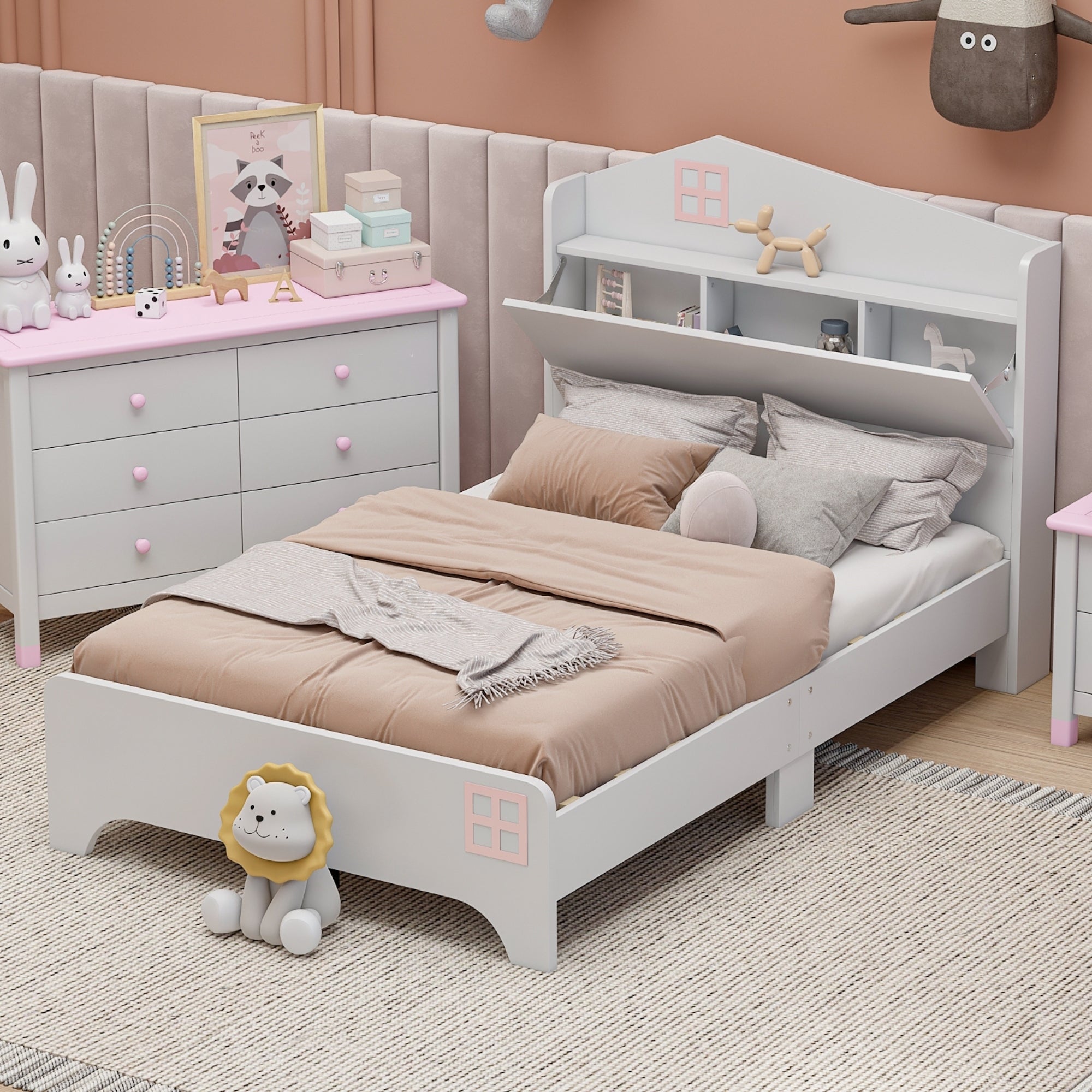 Wooden Twin Size House Bed with Storage Headboard ,Kids Bed with Storage Shelf, White - Atlantic Fine Furniture Melbourne FL