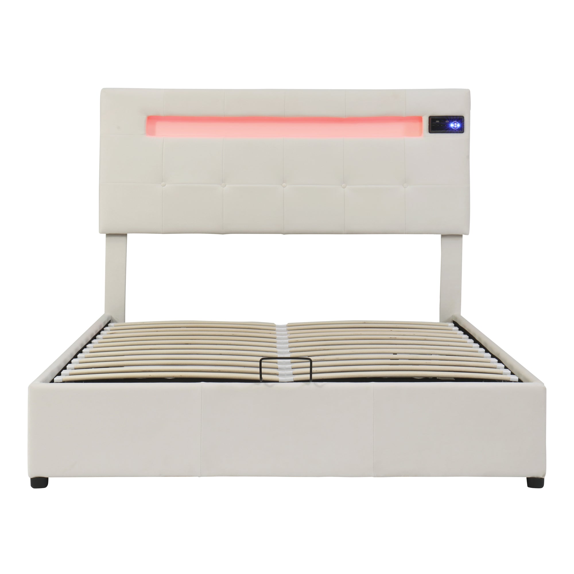 Queen Size Upholstered Bed with LED Light and Integrated Bluetooth Audio System, Modern Platform Bed with Hydraulic Storage System and USB Port, Velvet , Beige - Atlantic Fine Furniture Melbourne FL