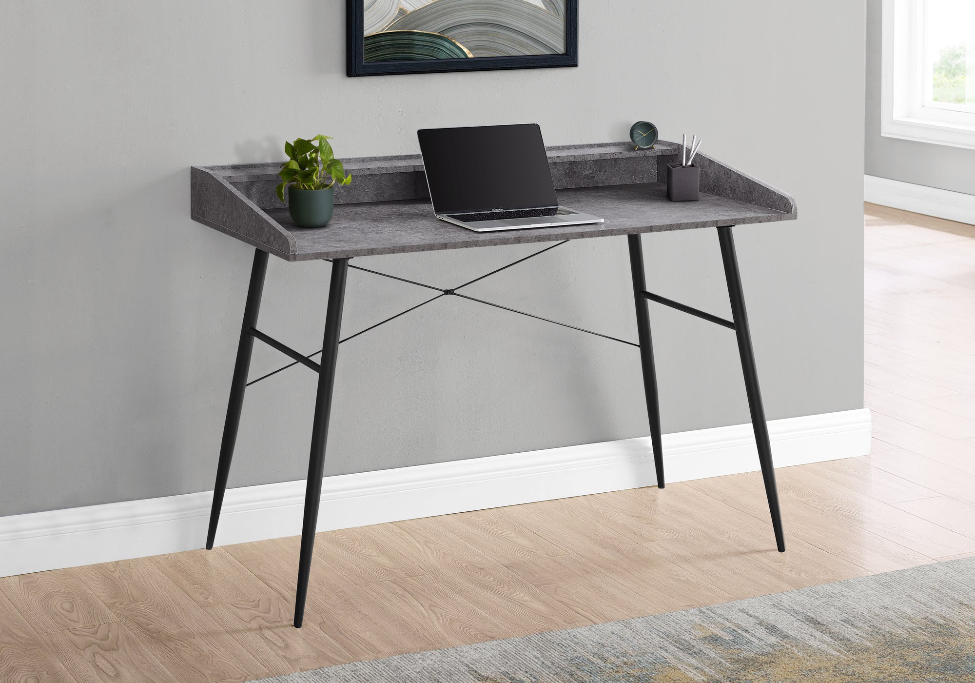 Computer Desk, Home Office, Laptop, Storage Shelves, 48'l, Work, Grey Stone Look Laminate, Black Metal, Contemporary, Modern