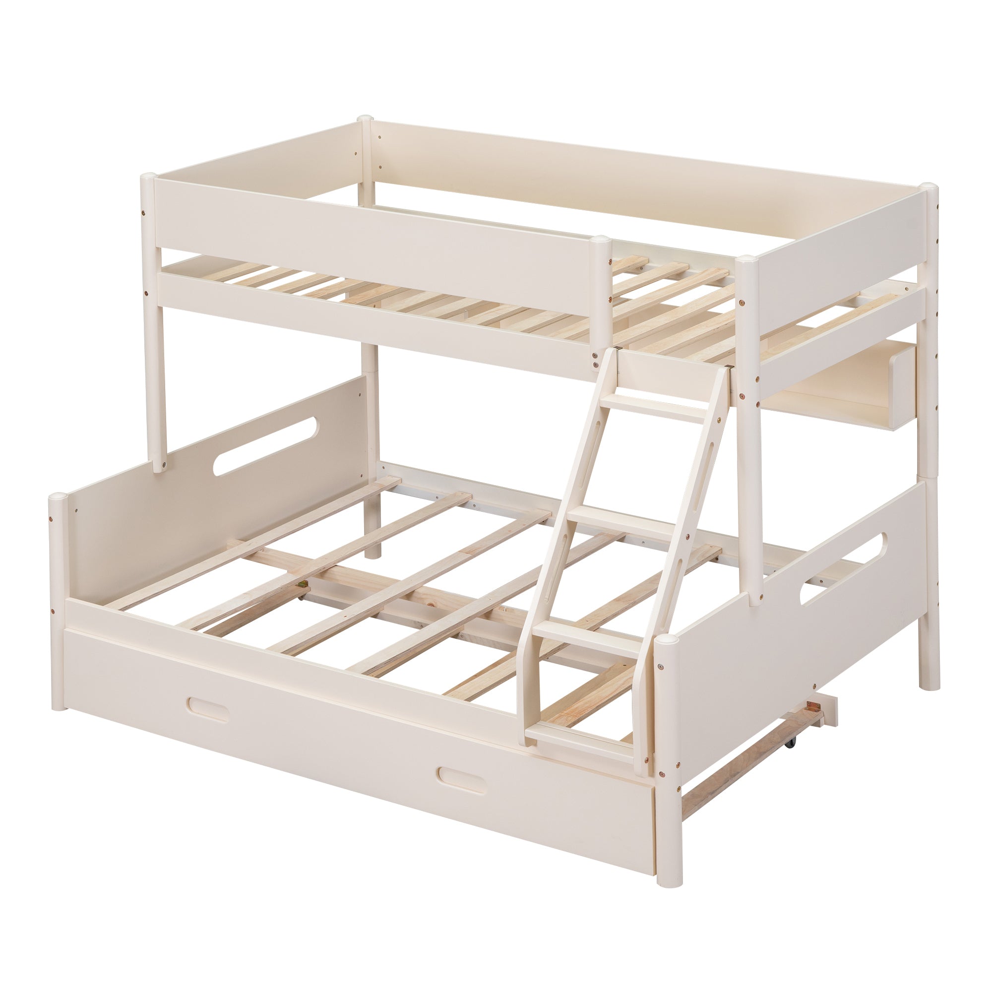 Wood Twin over Full Bunk Bed with Storage Shelves and Twin Size Trundle, Cream - Atlantic Fine Furniture Melbourne FL