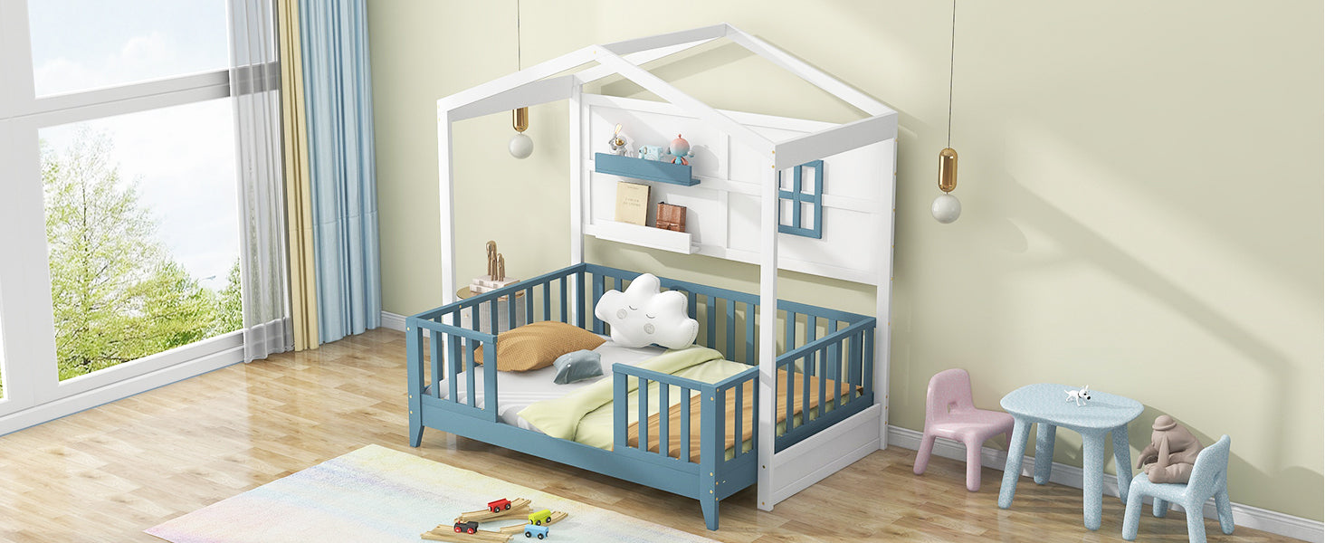 Twin Size Wood House Bed with 2 Shelves and Guardrail, White - Atlantic Fine Furniture Melbourne FL