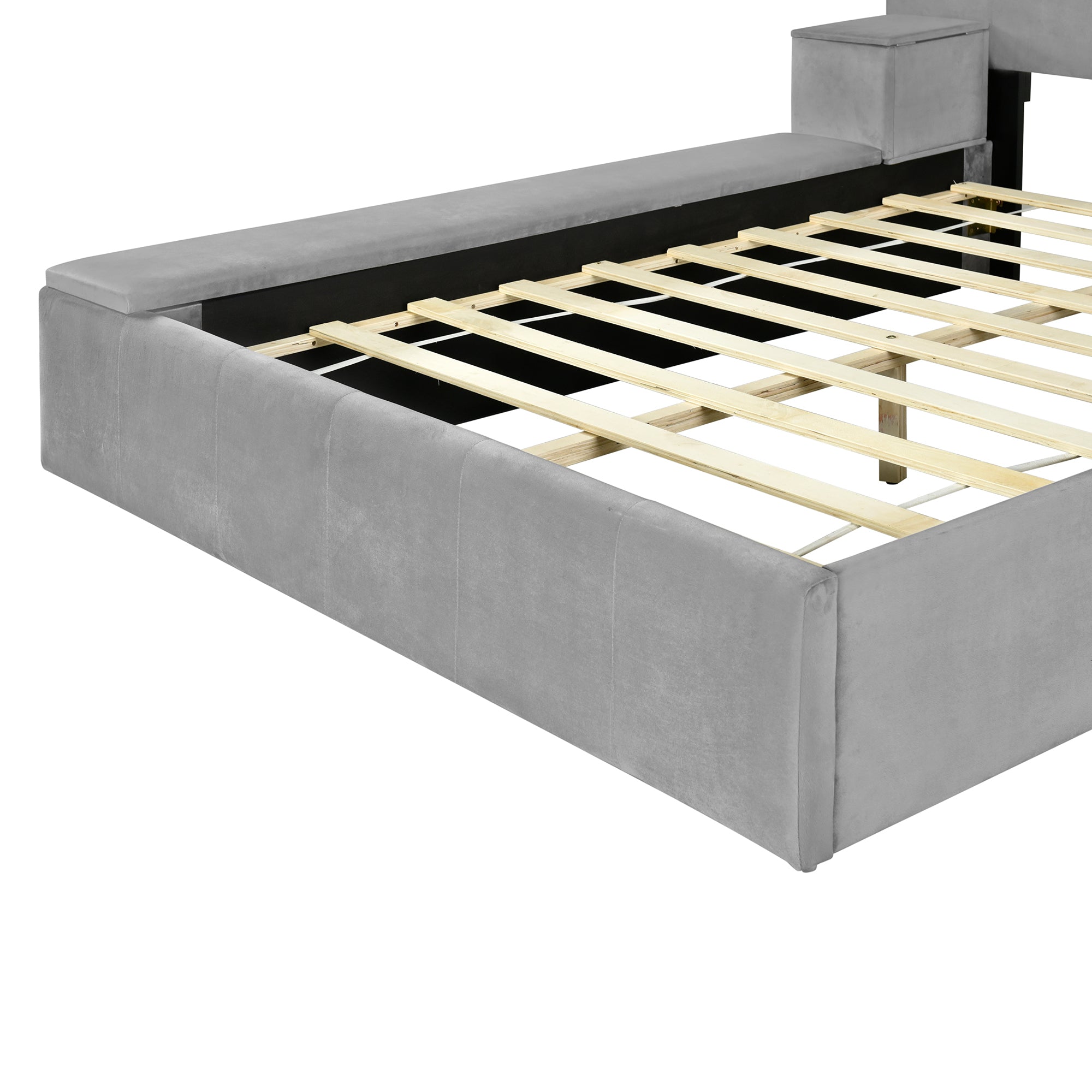 Full Size Upholstered Platform Bed with Lateral Storage Compartments and Thick Fabric, Velvet, Gray