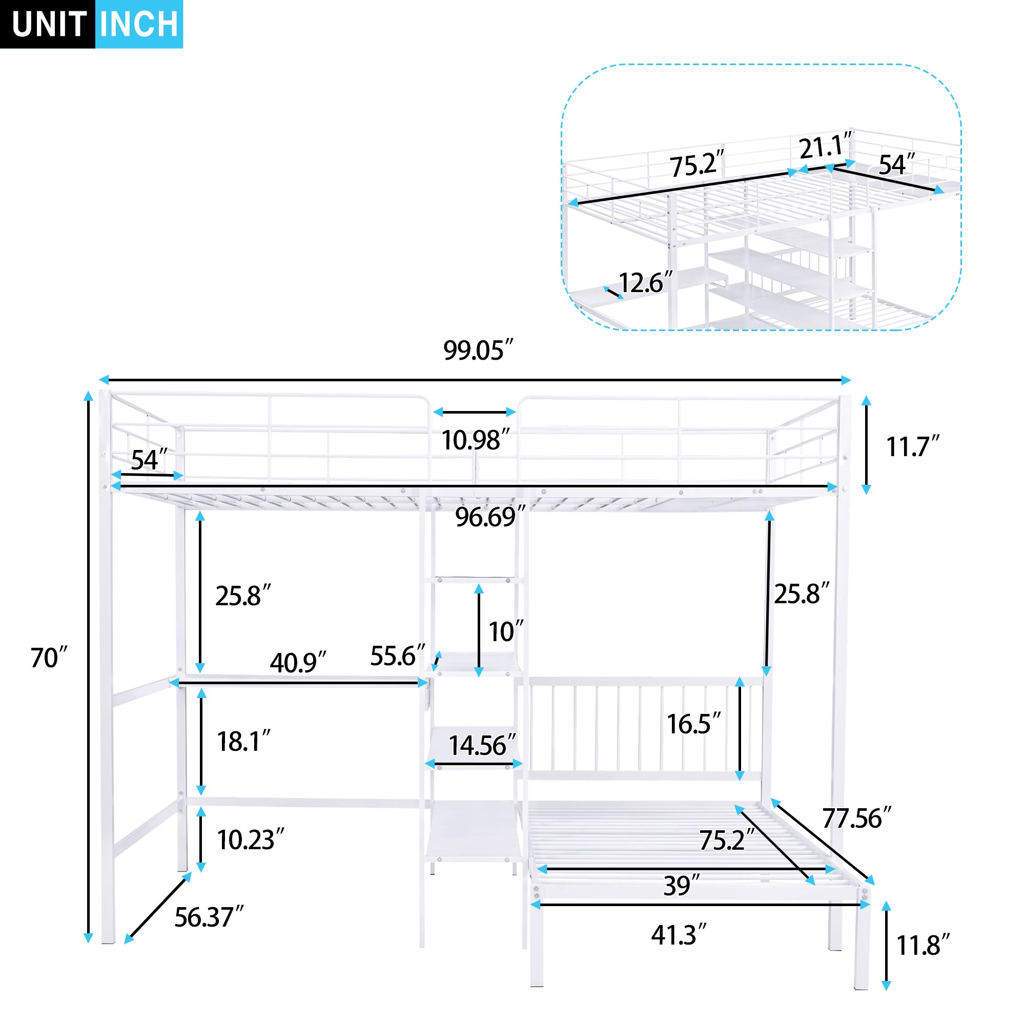 Full Over Twin Metal Bunk Bed with Built-in Desk, Shelves and Ladder, White - Atlantic Fine Furniture Melbourne FL