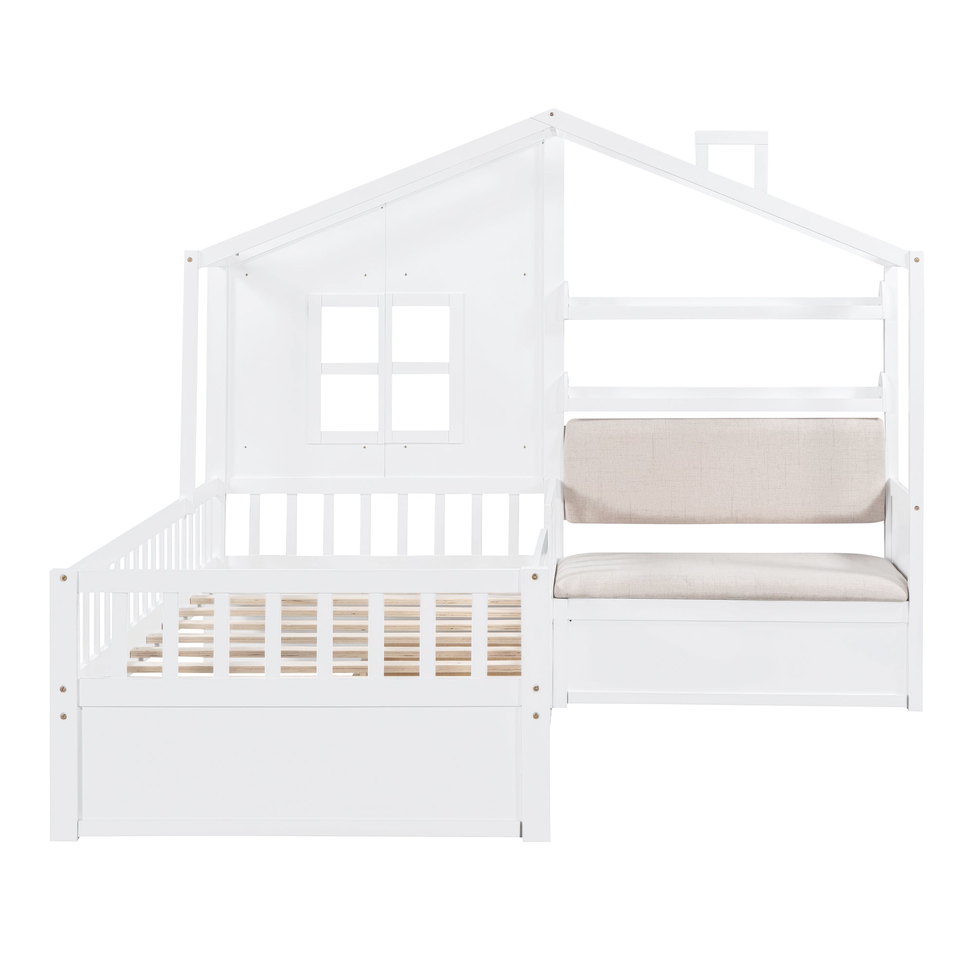 Twin Size House Bed with Sofa, Kids Platform Bed with Two Drawers and Storage Shelf, White - Atlantic Fine Furniture Melbourne FL