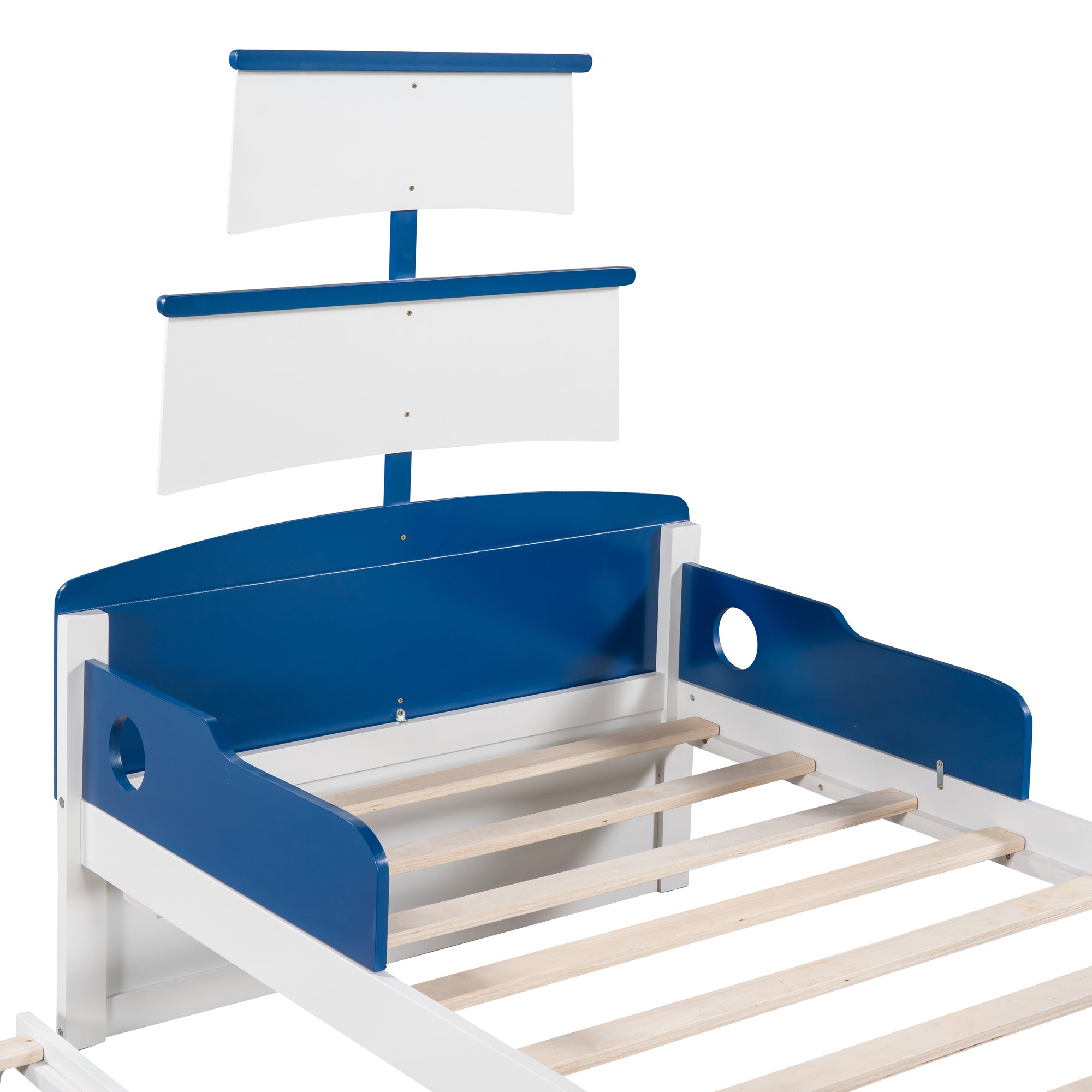 3-Pieces Bedroom Sets,Twin Size Boat-Shaped Platform Bed with Trundle and Two Nightstands,White+Blue - Atlantic Fine Furniture Melbourne FL