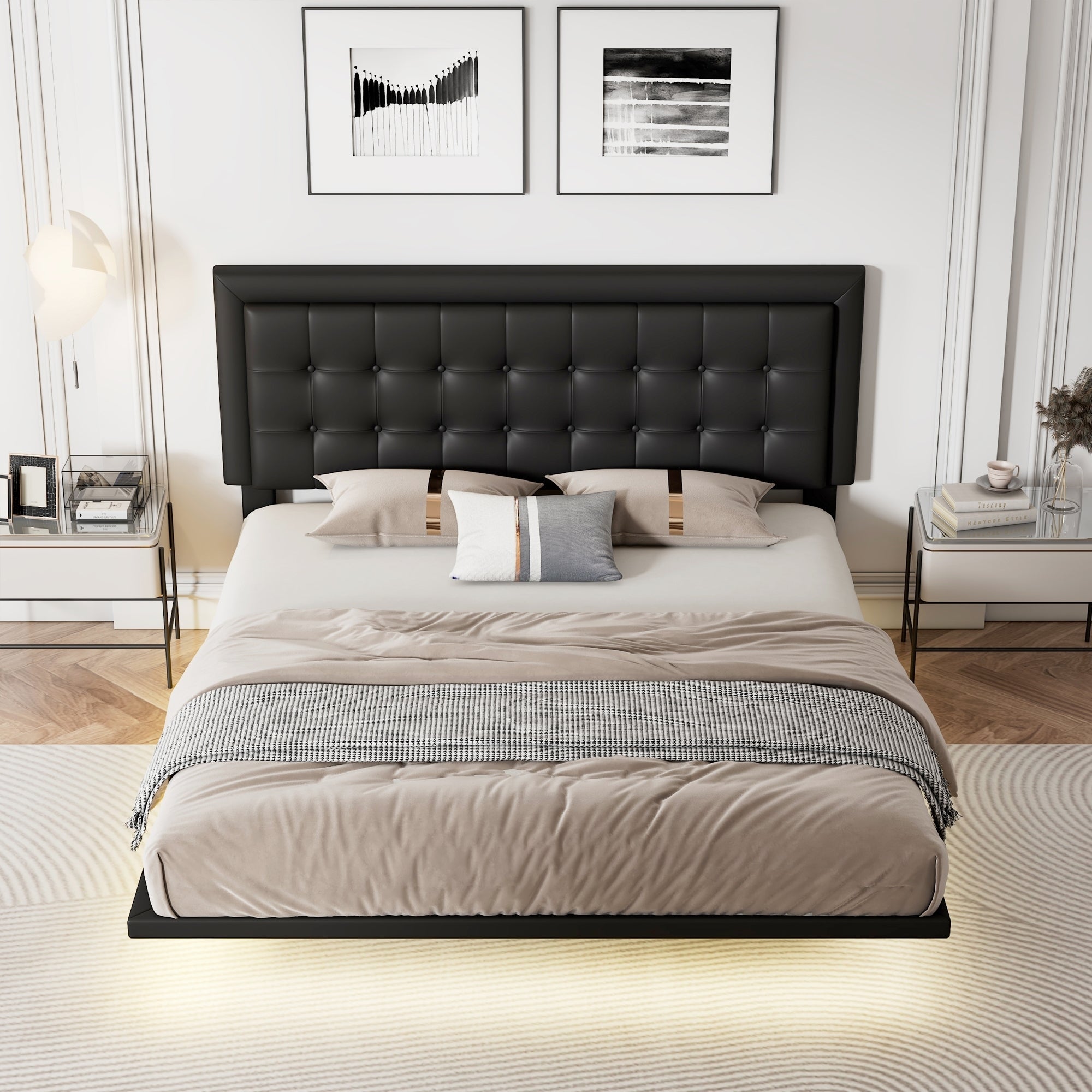 Queen Size Floating Bed Frame with Motion Activated Night Lights,Modern PU Upholstered Button Tufted Platform Bed Frame,Black - Atlantic Fine Furniture Melbourne FL