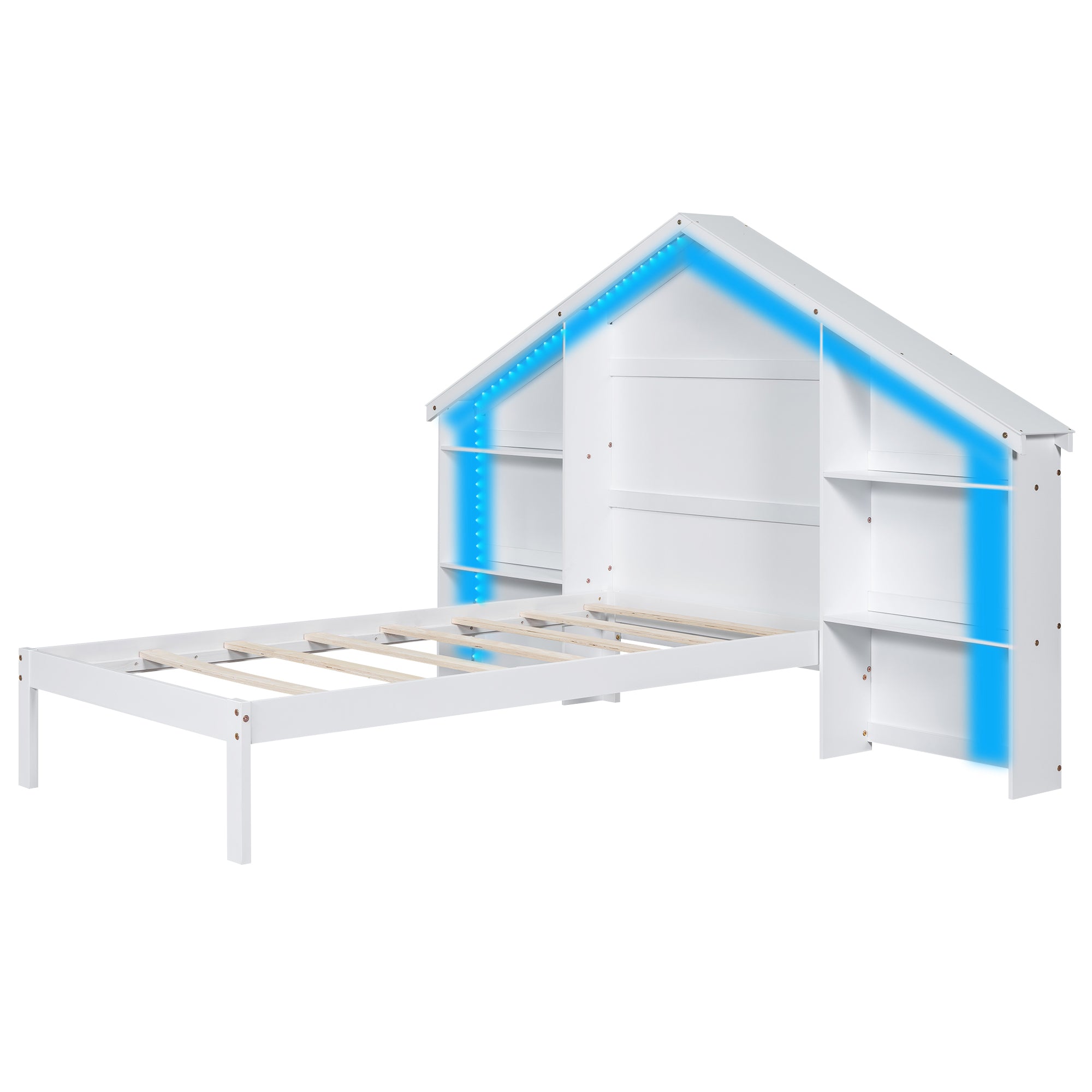Wood Twin Size Platform Bed with House-shaped Storage Headboard and Built-in LED, White - Atlantic Fine Furniture Melbourne FL