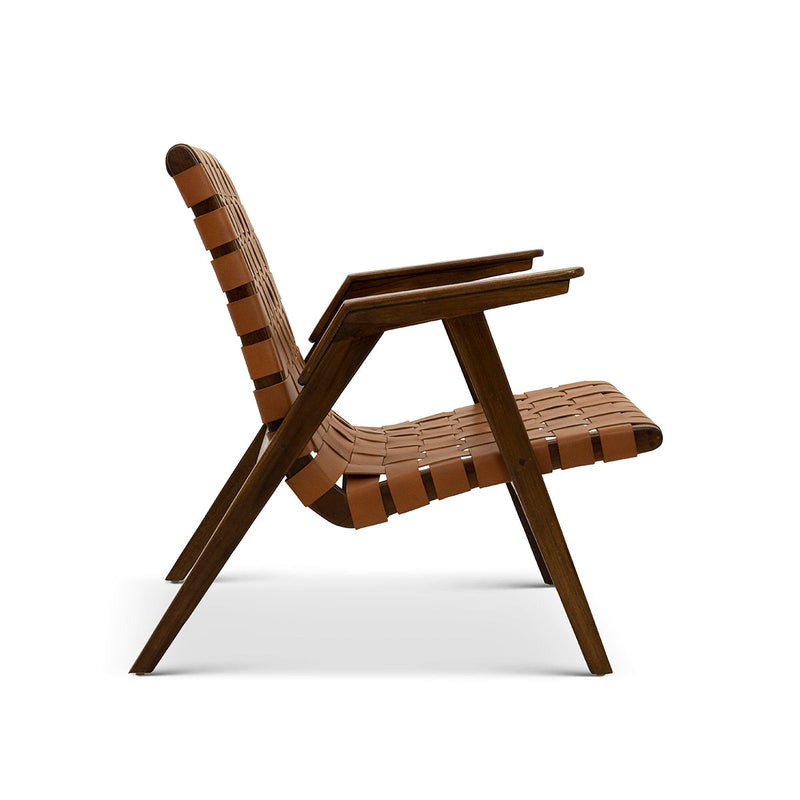 David - Genuine Leather Teak Lounge Chair - Light Brown