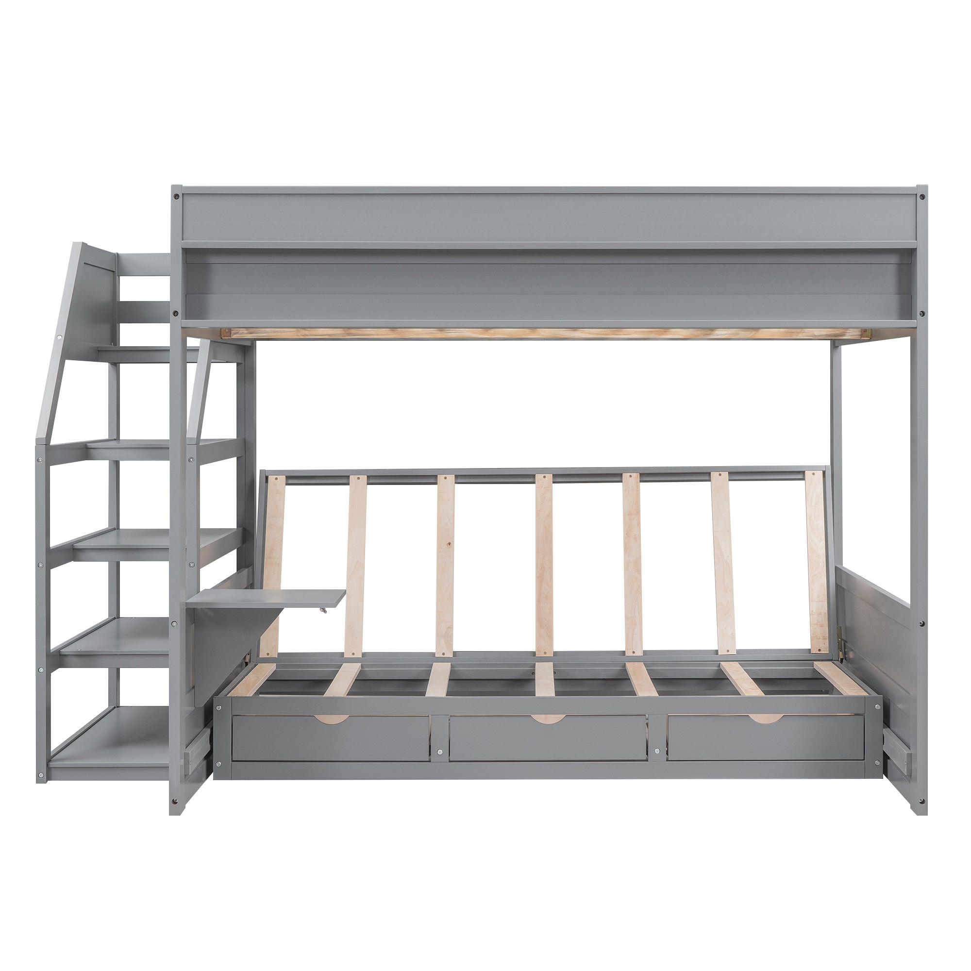 Wood Full Size Convertible Bunk Bed with Storage Staircase, Bedside Table, and 3 Drawers, Gray - Atlantic Fine Furniture Melbourne FL