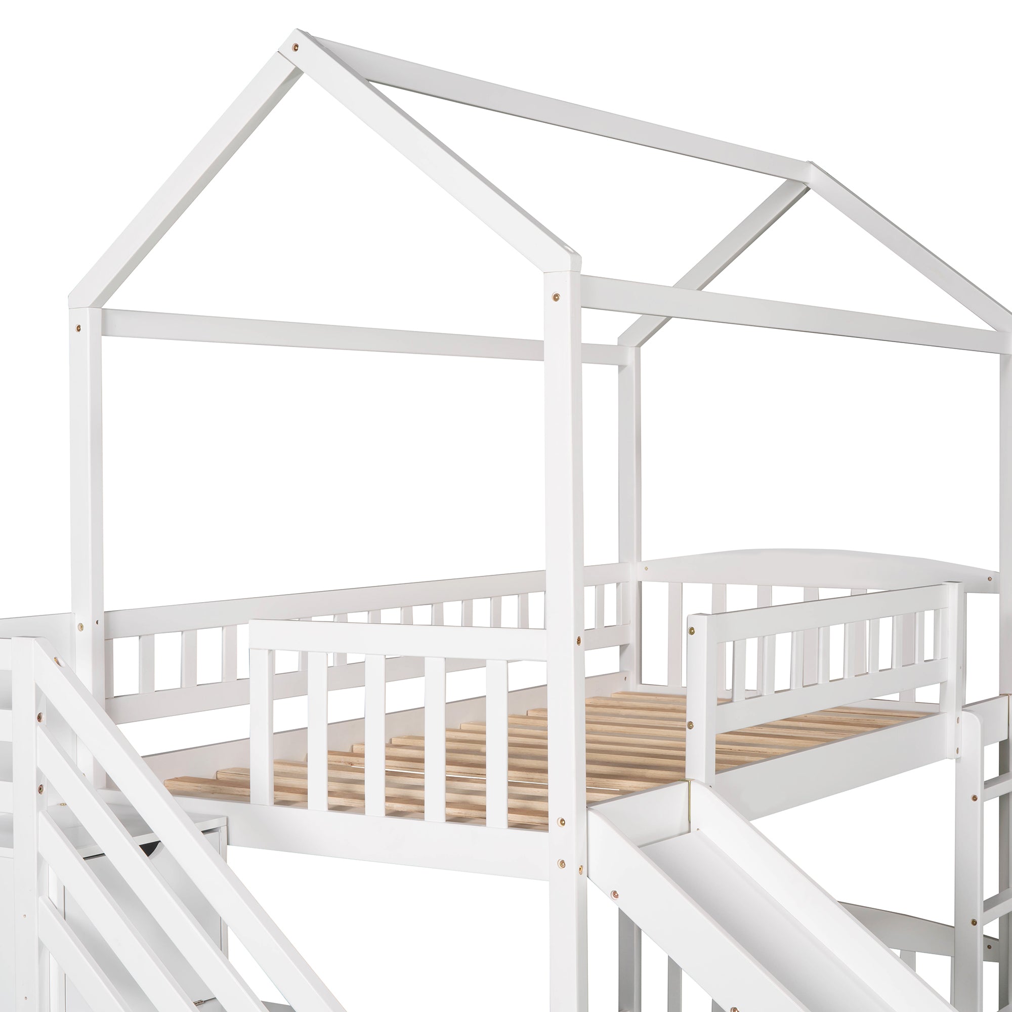 Twin Over Twin Bunk Bed with Two Drawers and Slide, House Bed with Slide, White(OLD SKU :LP000129AAK) - Atlantic Fine Furniture Melbourne FL