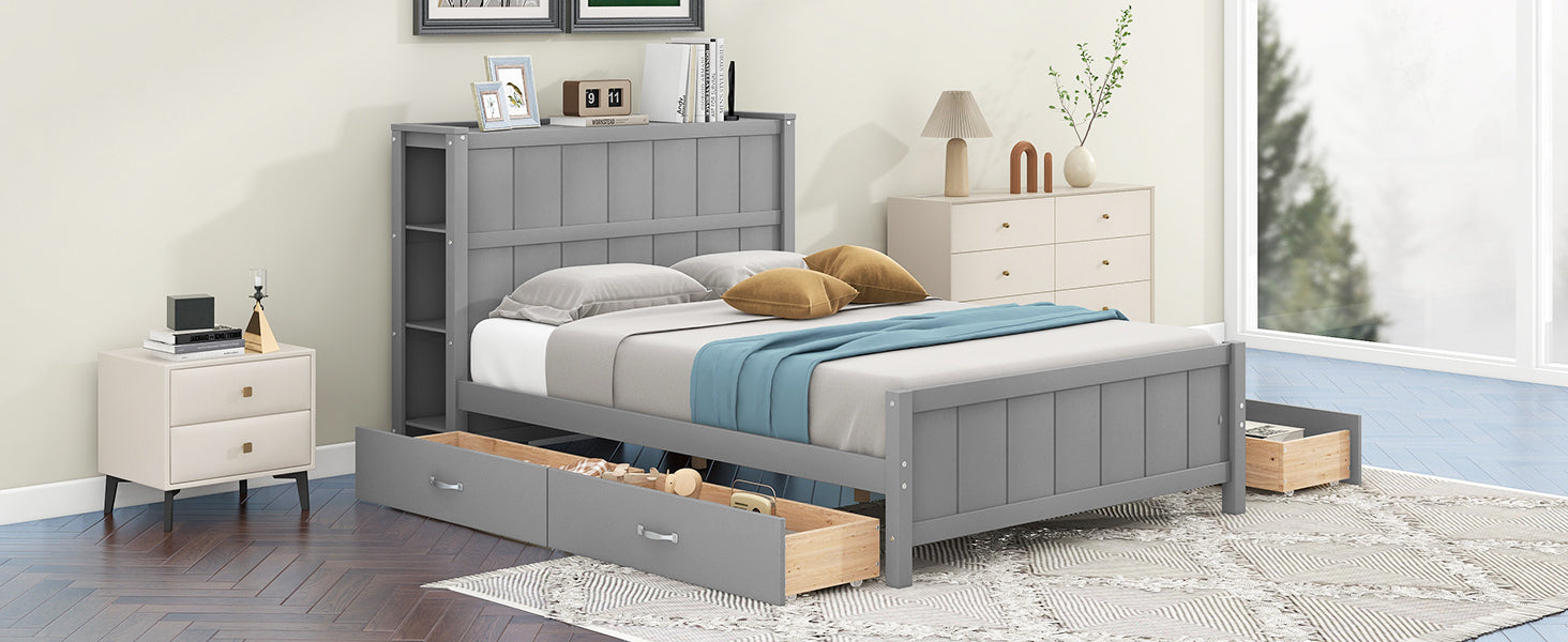Full Size Platform Bed with Drawers and Storage Shelves, Gray - Atlantic Fine Furniture Melbourne FL