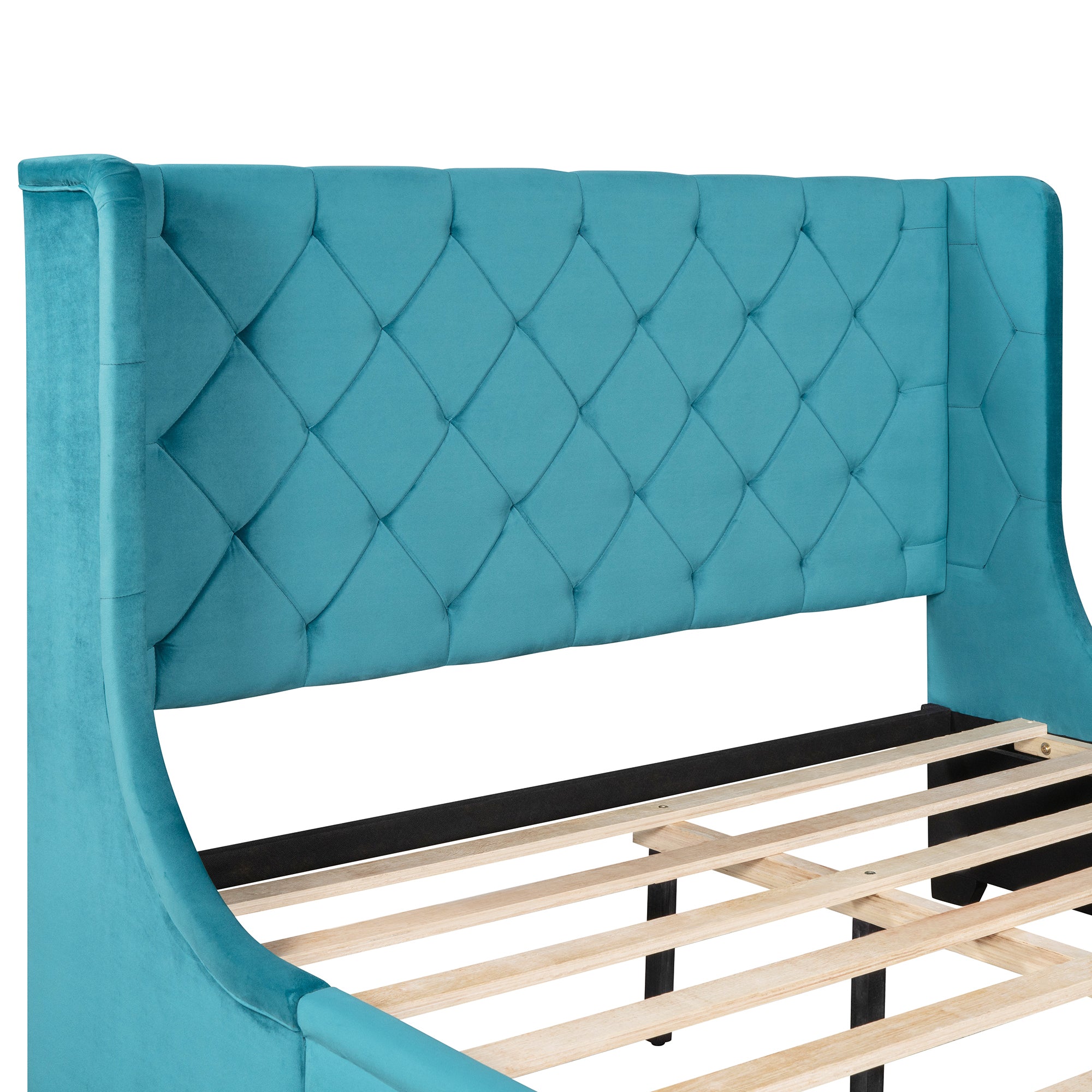 Queen Size Storage Bed Velvet Upholstered Platform Bed with Wingback Headboard and a Big Drawer (Blue) - Atlantic Fine Furniture Melbourne FL