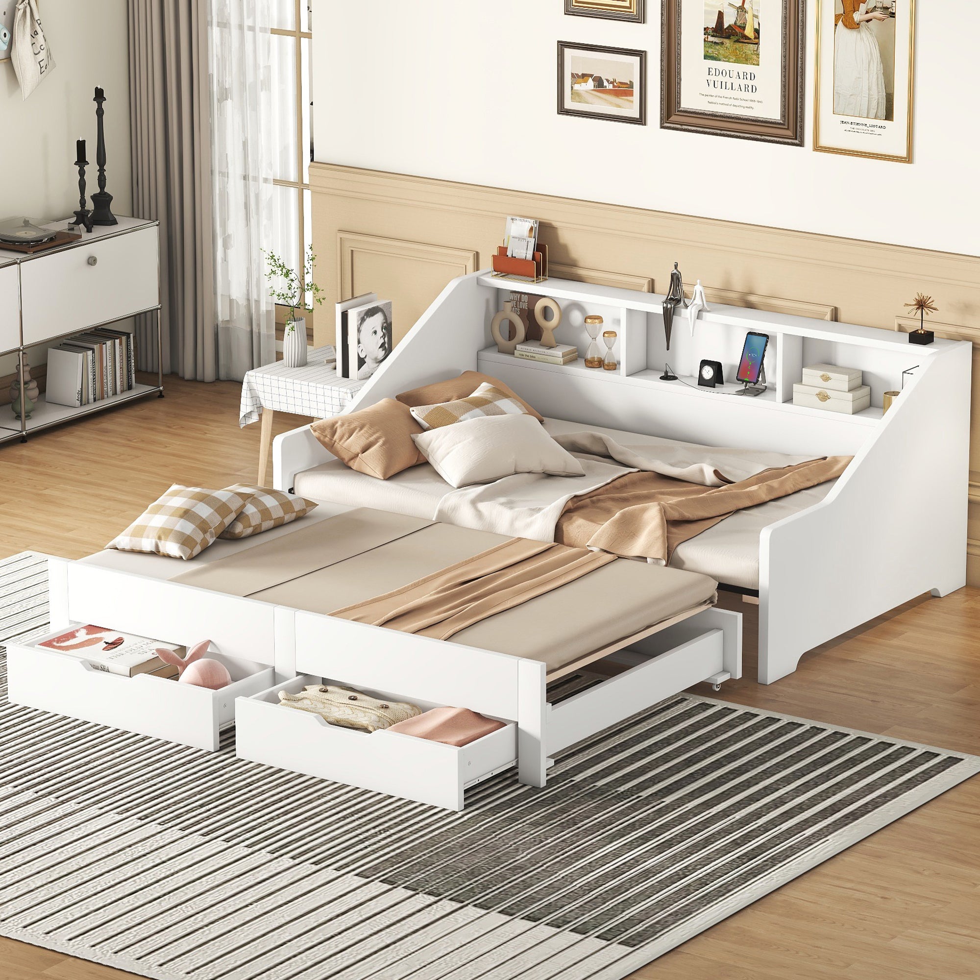 Twin to King Size Daybed Frame with Storage Bookcases and Two Drawers,Charging Design,White - Atlantic Fine Furniture Melbourne FL