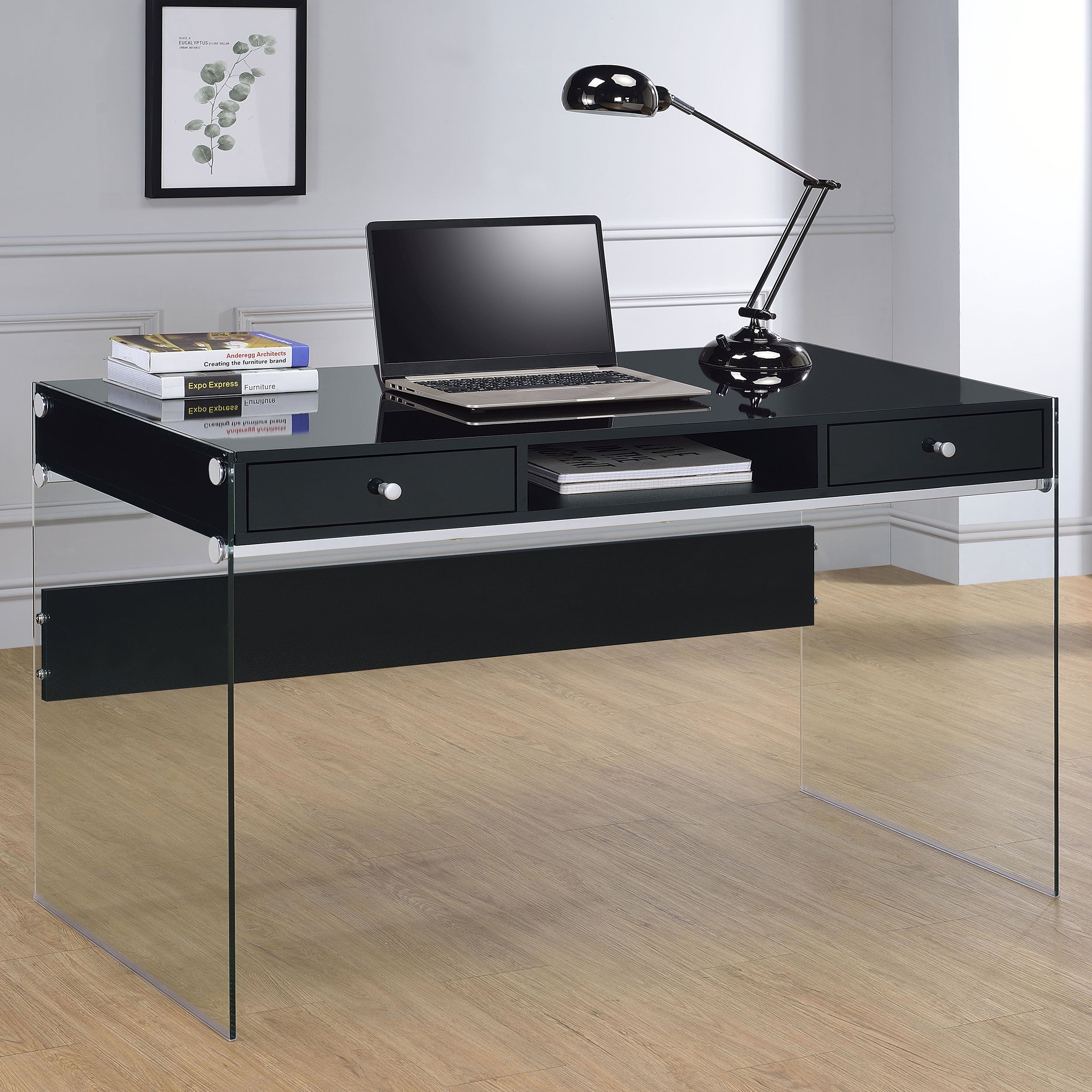 Dobrev 2-drawer Writing Desk Glossy Black and Clear — view 2