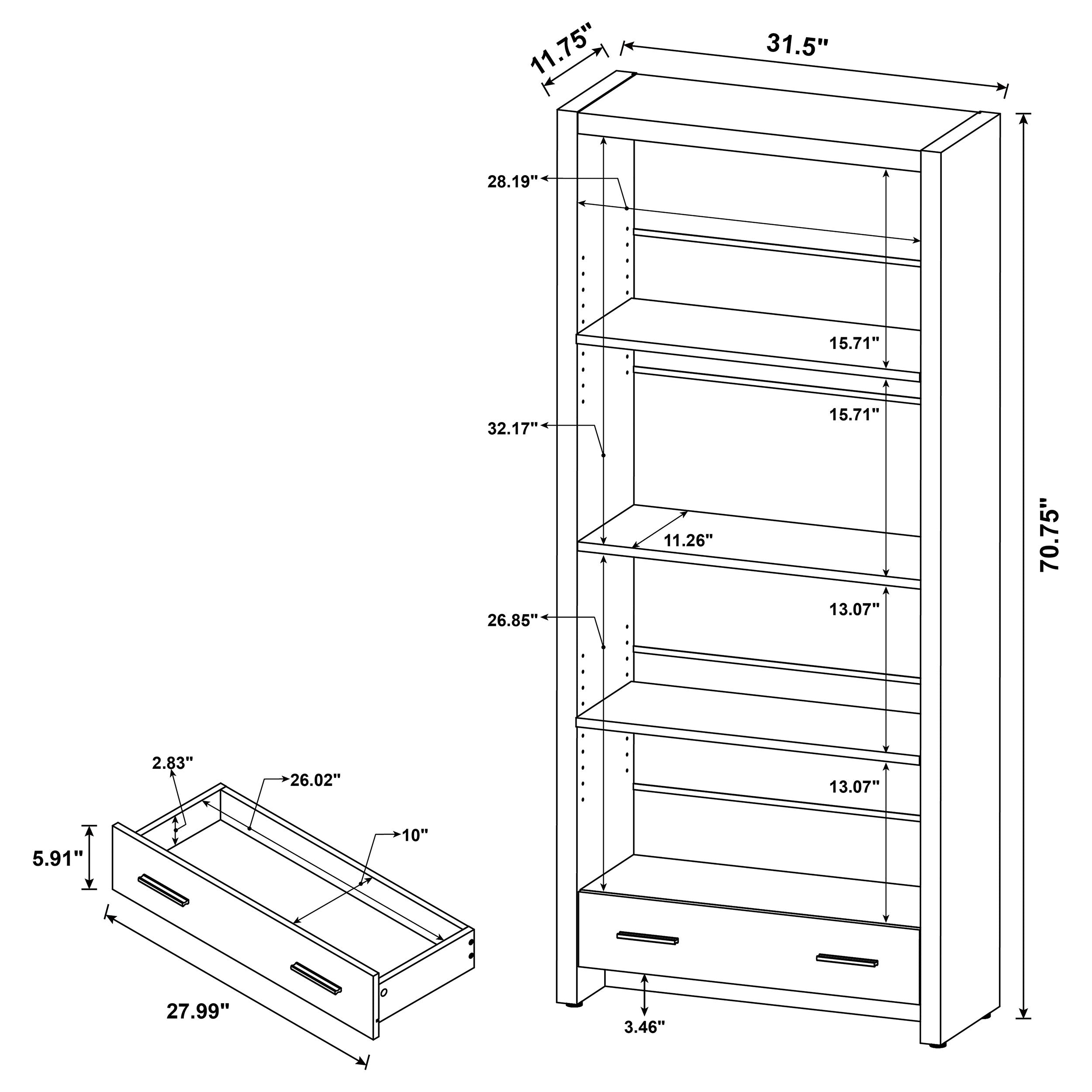 Skylar 71-inch 5-shelf Bookcase with Drawer Cappuccino — view 12