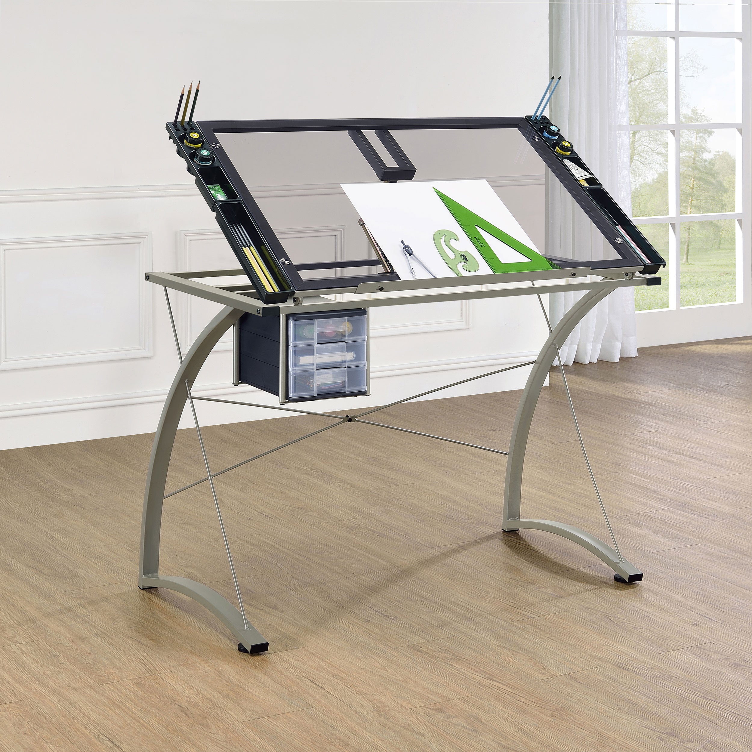 Melo 41-inch Glass Top Drafting Table with Storage Silver — view 3