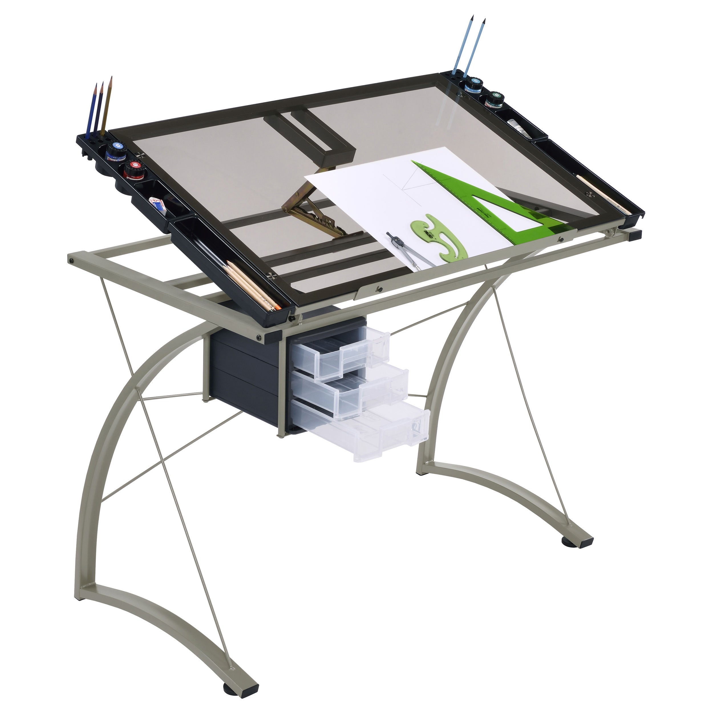Melo 41-inch Glass Top Drafting Table with Storage Silver — view 5