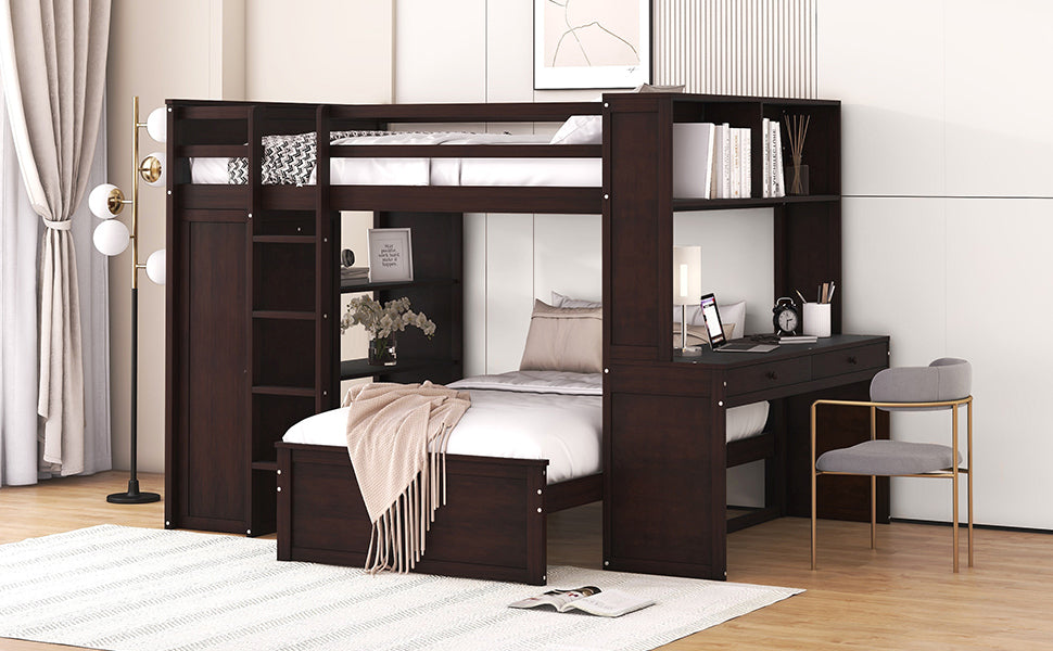 Full size Loft Bed with a twin size Stand-alone bed, Shelves,Desk,and Wardrobe-Espresso - Atlantic Fine Furniture Melbourne FL
