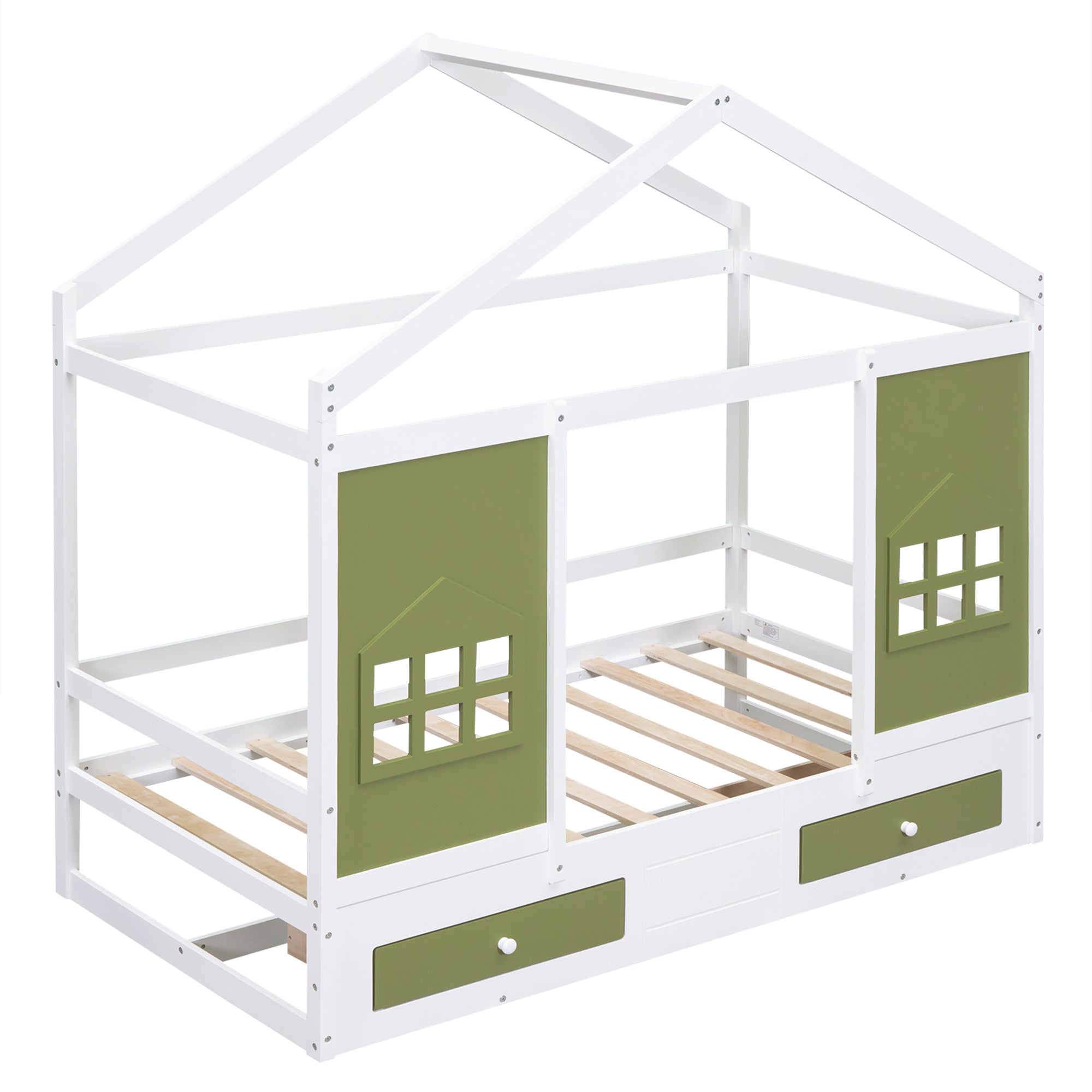 Twin Size Wood House Bed with 2 Drawers and Window Decoration, White+Olive Green - Atlantic Fine Furniture Melbourne FL