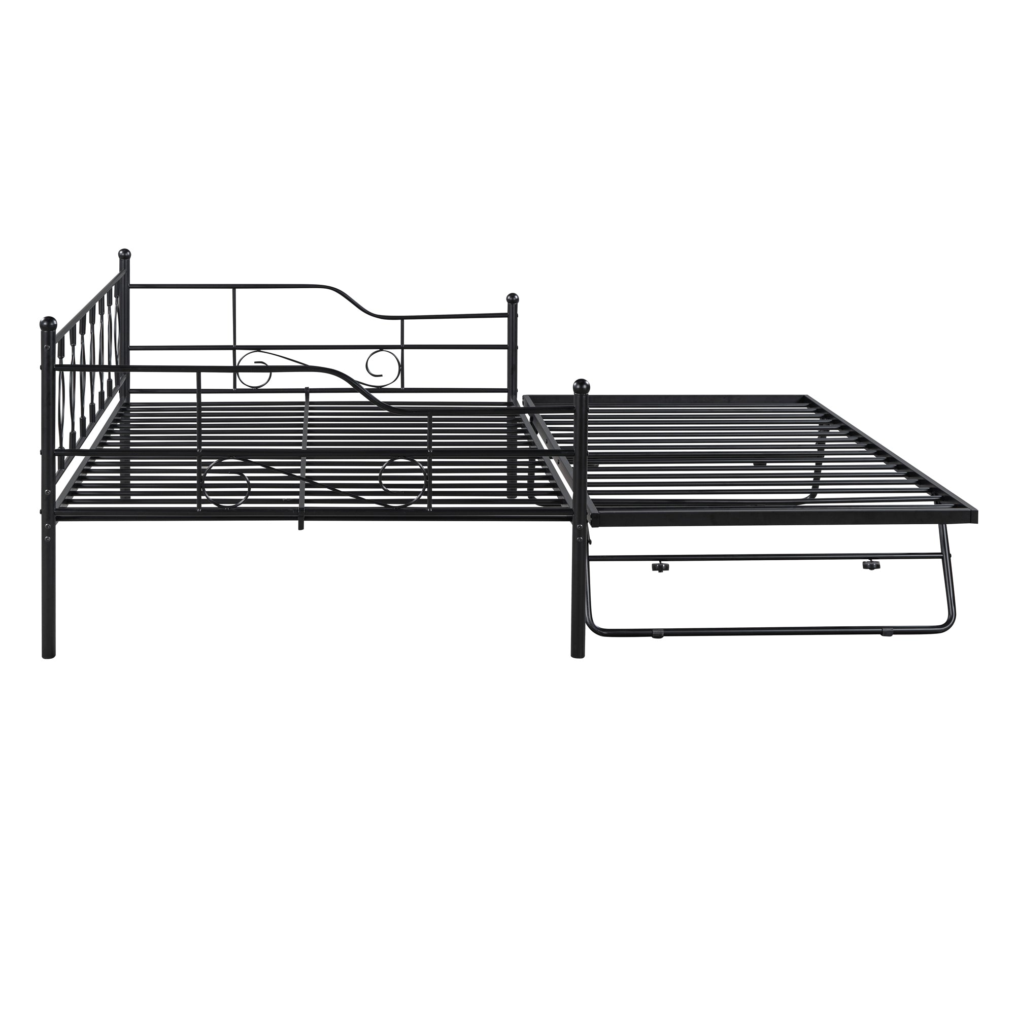 Full Size Metal Daybed with Twin Size Adjustable Trundle, Portable Folding Trundle, Black(OLD SKU:MF293730AAB)