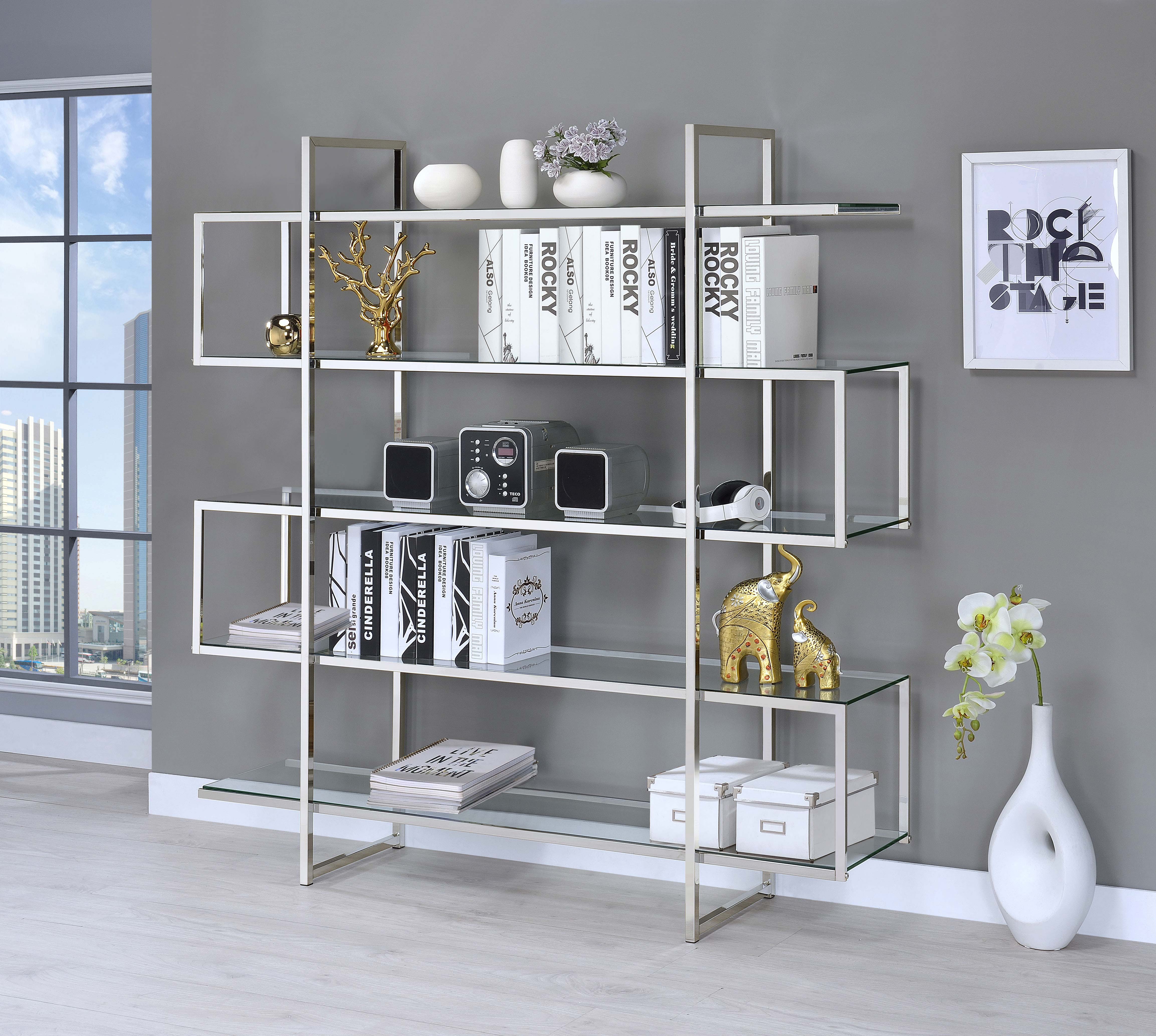 Elmer 63-inch 5-shelf Bookshelf Clear and Chrome — view 2