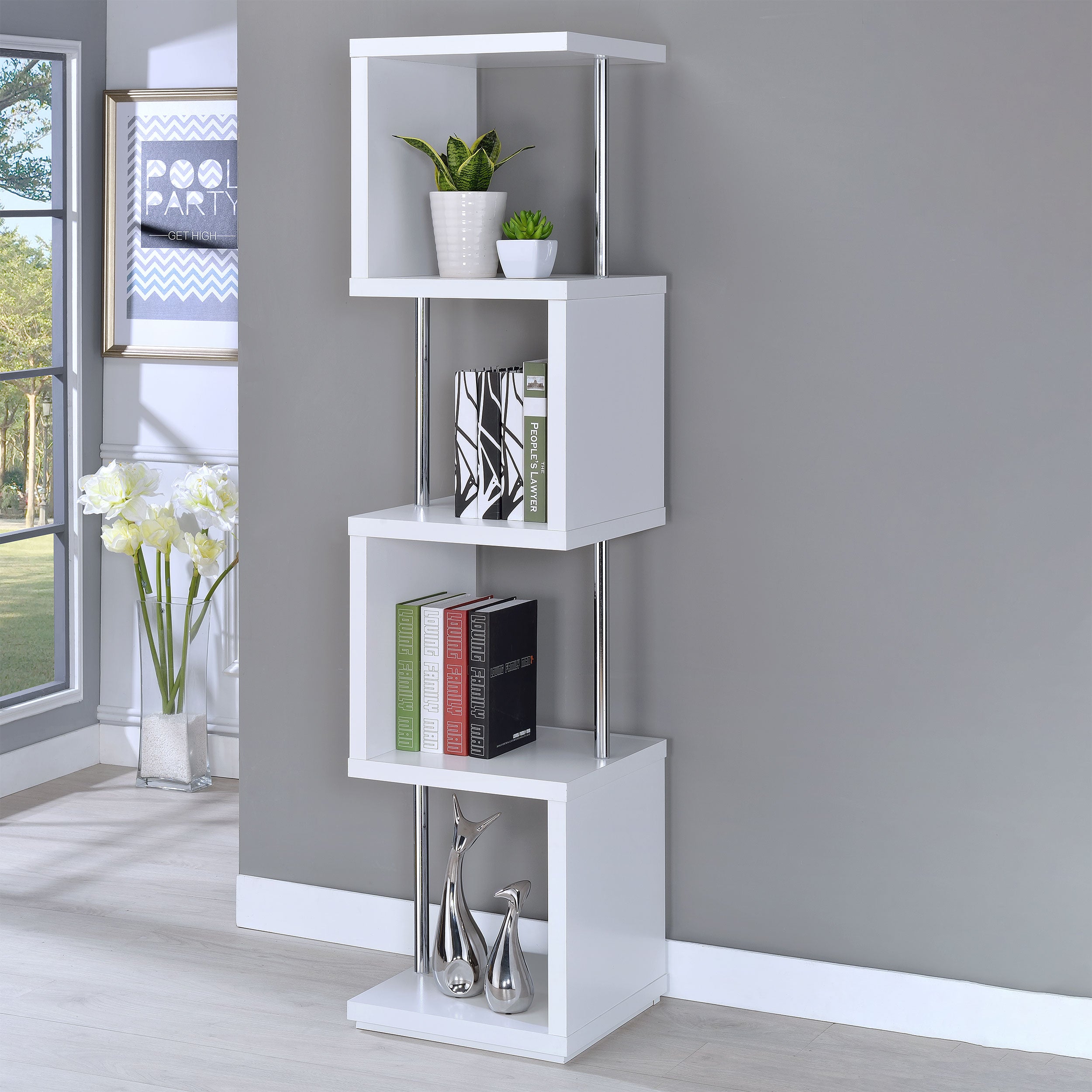 Baxter 67-inch 4-shelf Bookshelf White and Chrome — view 2