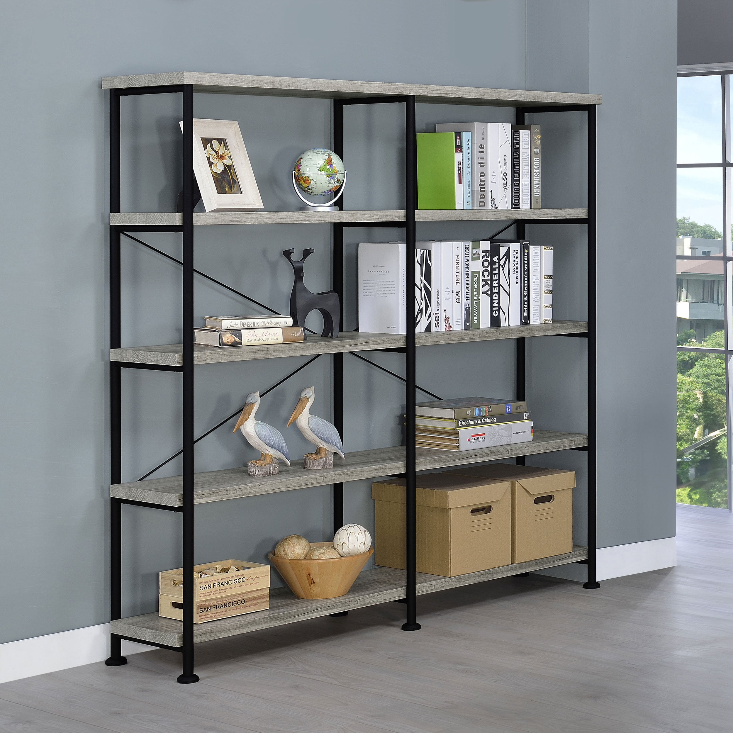 Analiese 63-inch 4-shelf Double Bookshelf Grey Driftwood — view 2