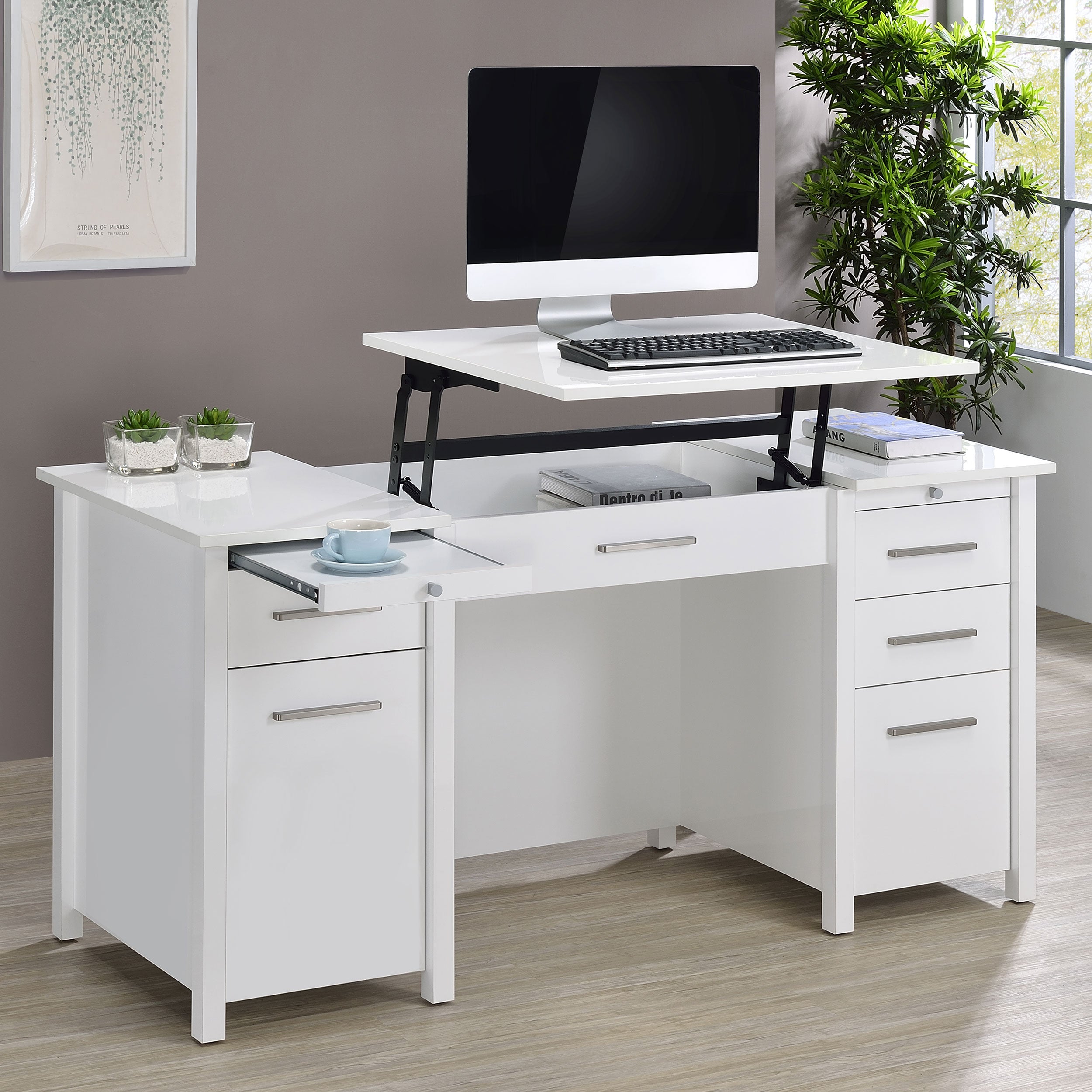 Dylan 60-inch 4-drawer Lift Top Office Desk White High Gloss — view 2