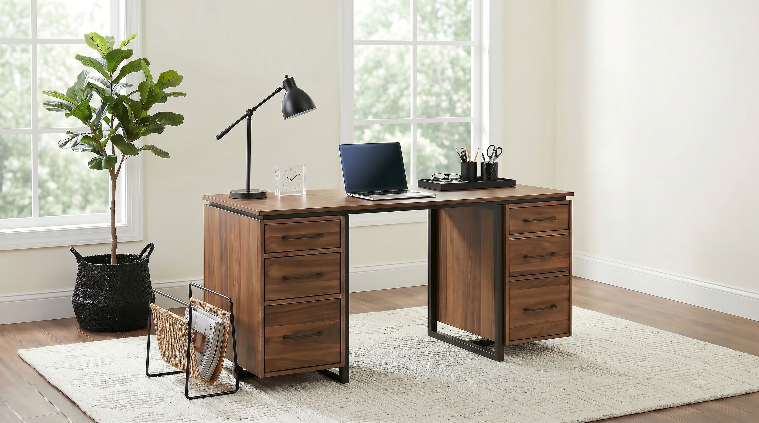 Berhalter 6-Drawer Double Pedestal File Computer Desk — view 2