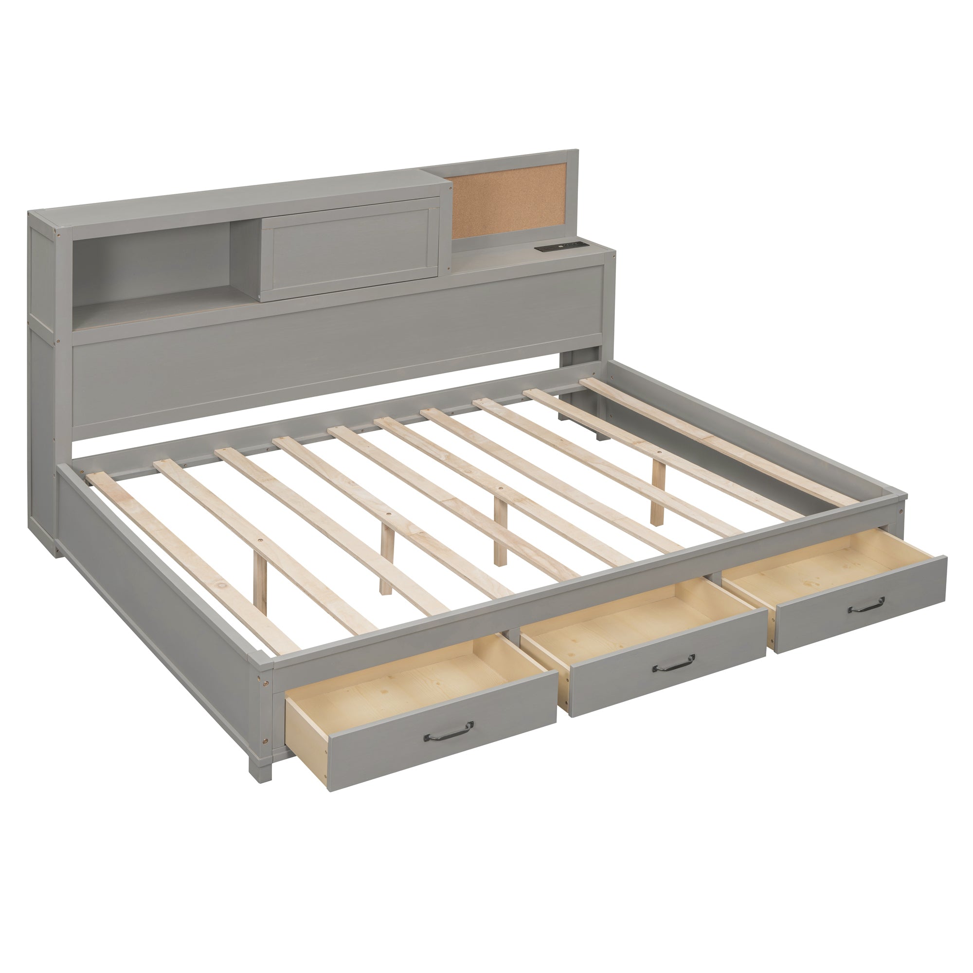 Full Size Wooden Daybed with 3 Storage Drawers, Upper Soft Board, shelf, and a set of Sockets and USB Ports, Gray - Atlantic Fine Furniture Melbourne FL