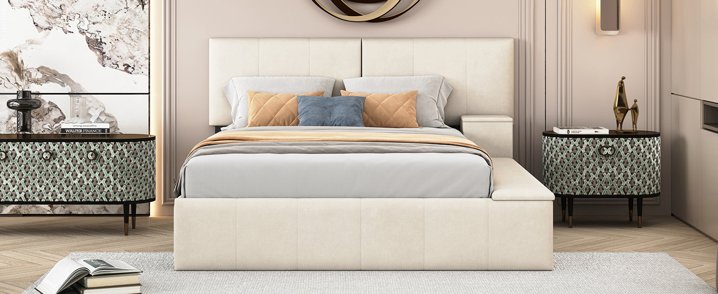 Queen Size Upholstered Platform Bed with Lateral Storage Compartments and Thick Fabric, Velvet, Beige - Atlantic Fine Furniture Melbourne FL