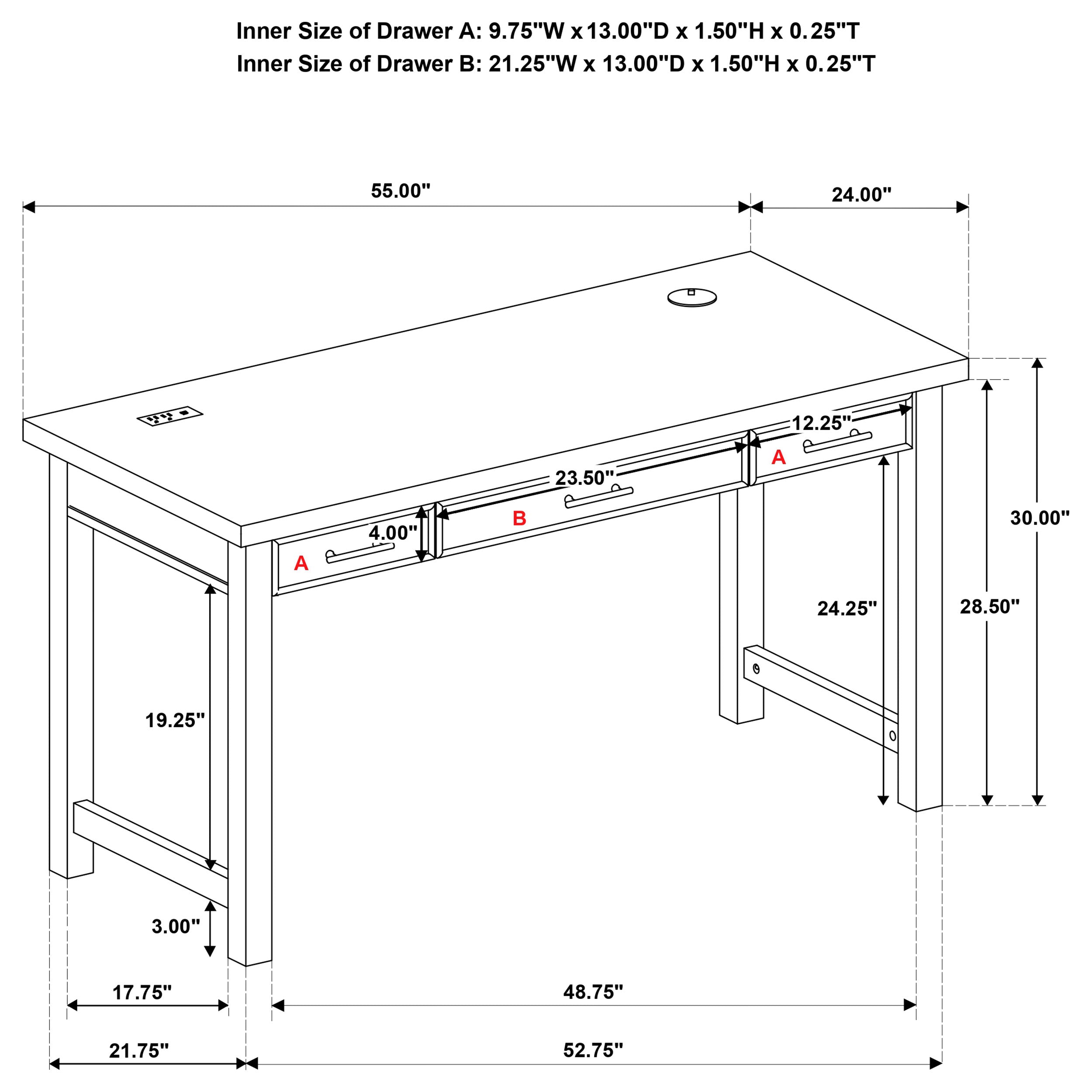 Vermes 55-inch 3-drawer Writing Desk with Power Outlet Light Ash — view 14