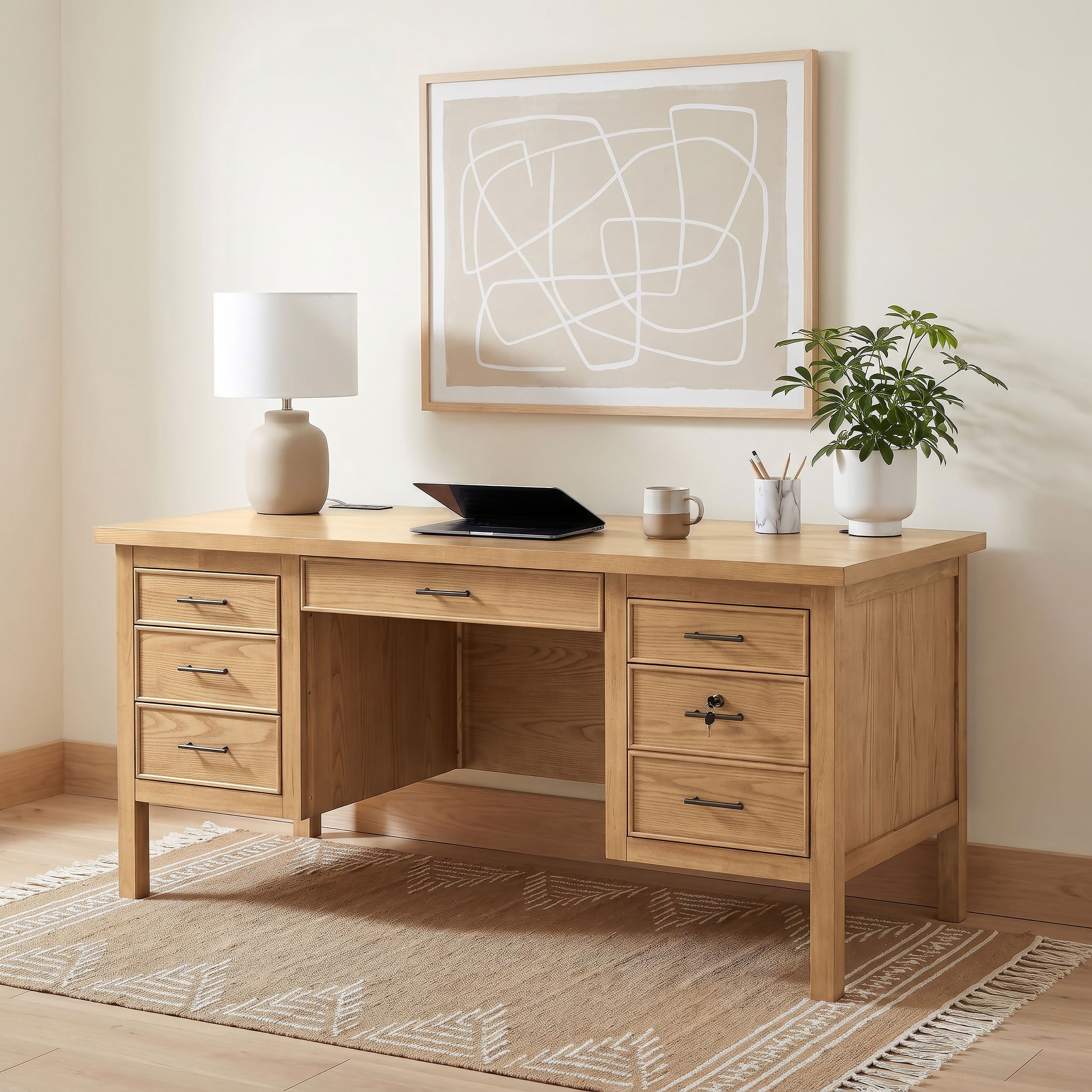 Vermes 66-inch 7-drawer Computer Desk with Power Outlet Light Ash — view 2