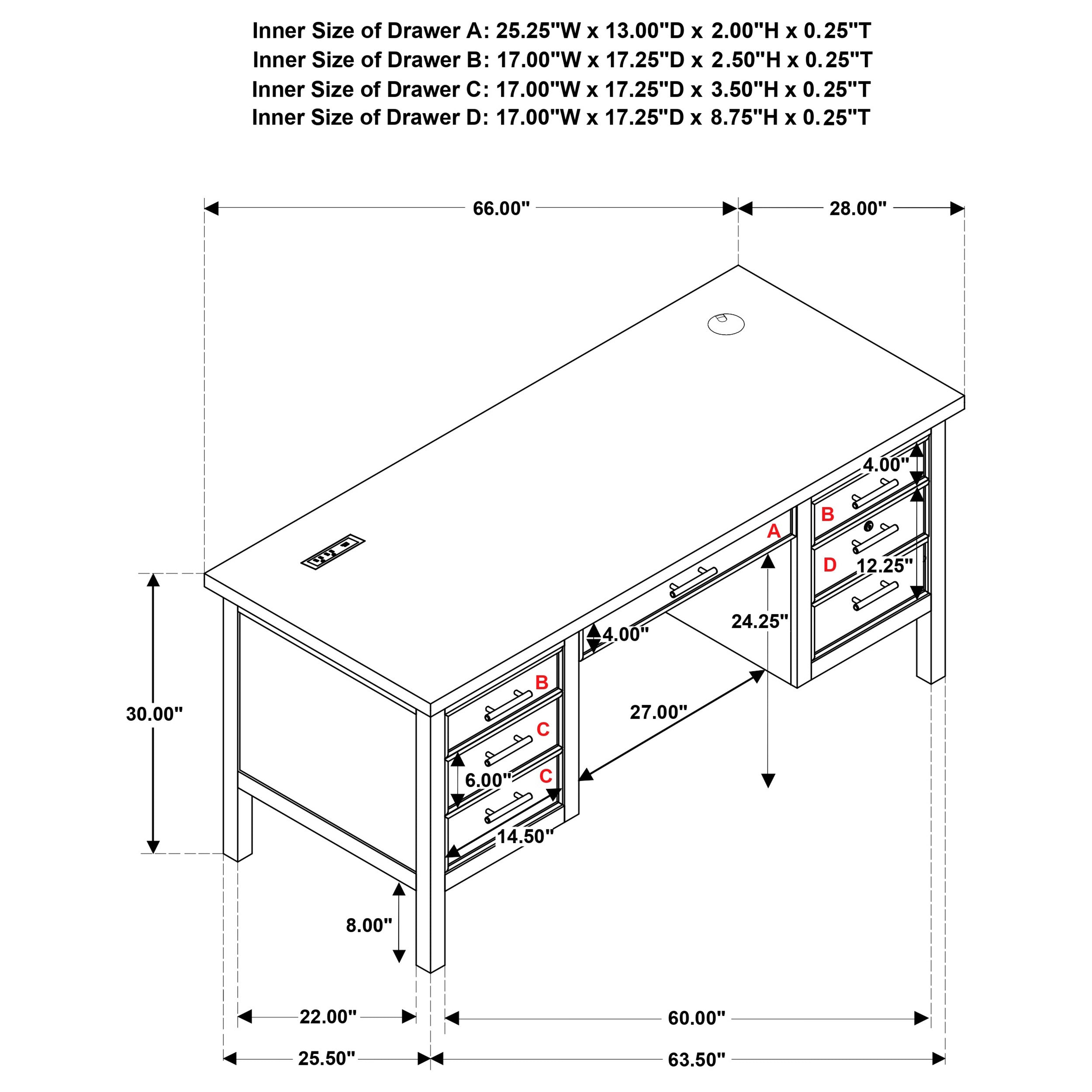 Vermes 66-inch 7-drawer Computer Desk with Power Outlet Light Ash — view 15