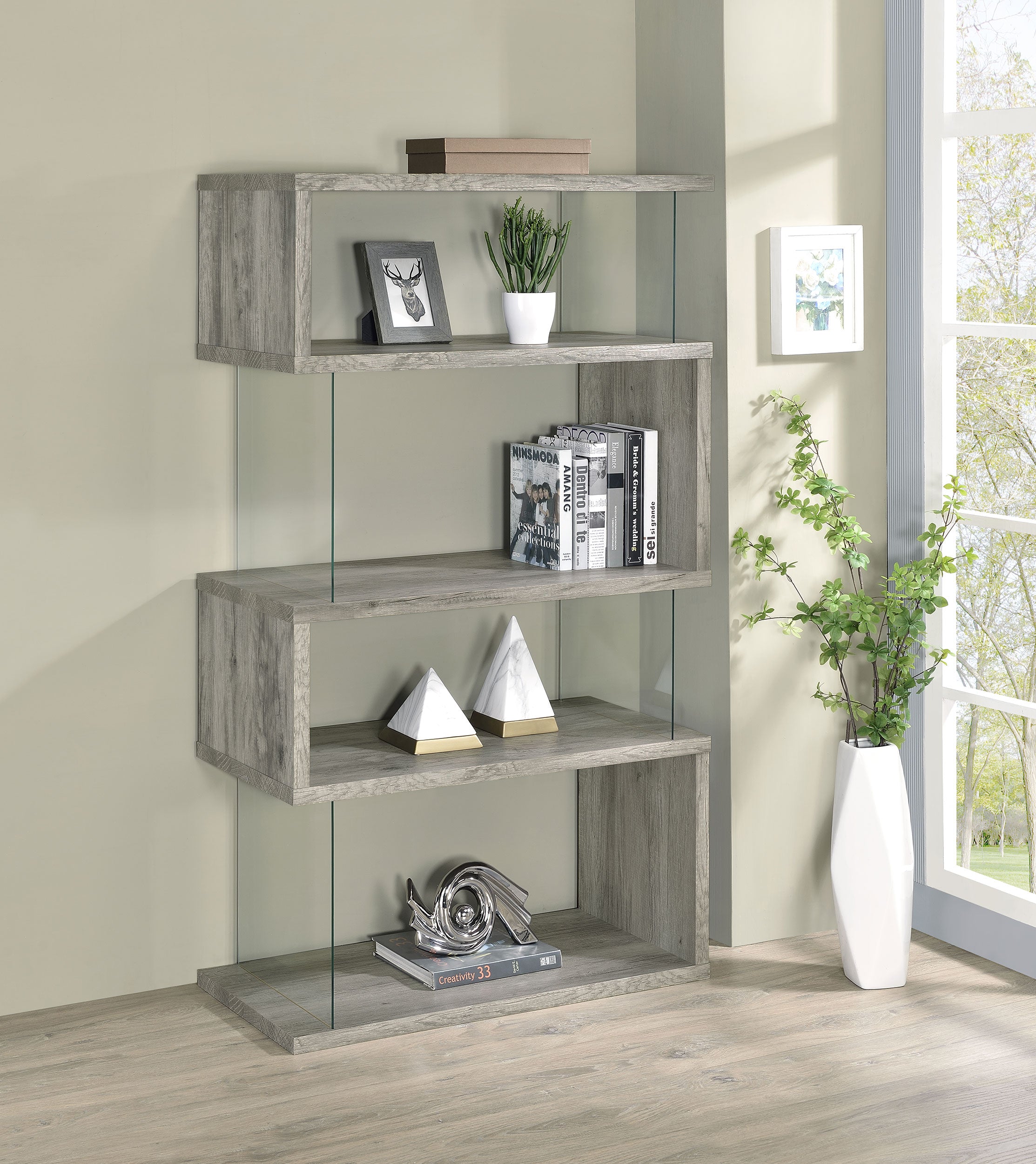 Emelle 63-inch 4-shelf Glass Panel Bookshelf Grey Driftwood — view 2