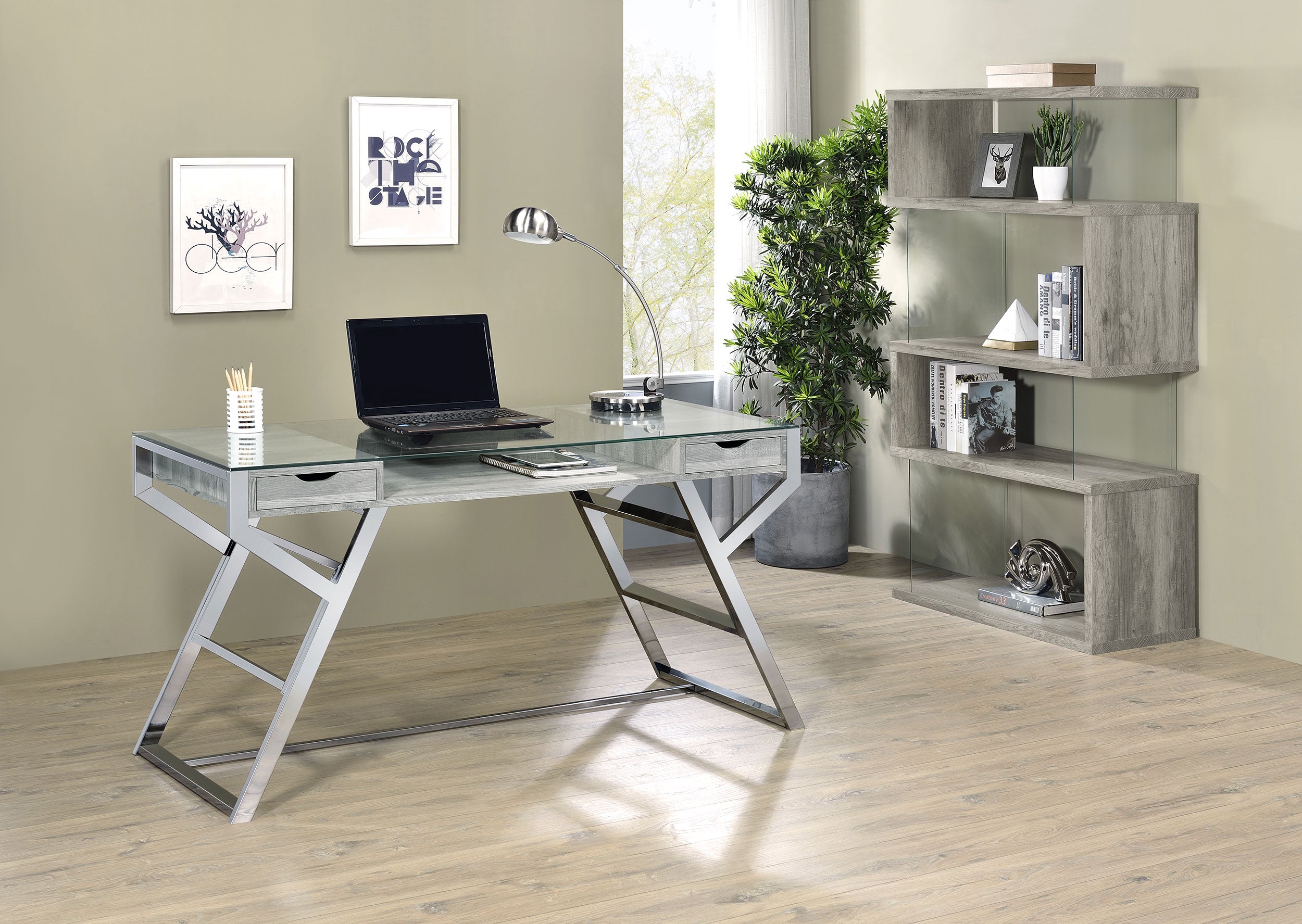Emelle 63-inch 4-shelf Glass Panel Bookshelf Grey Driftwood — view 12