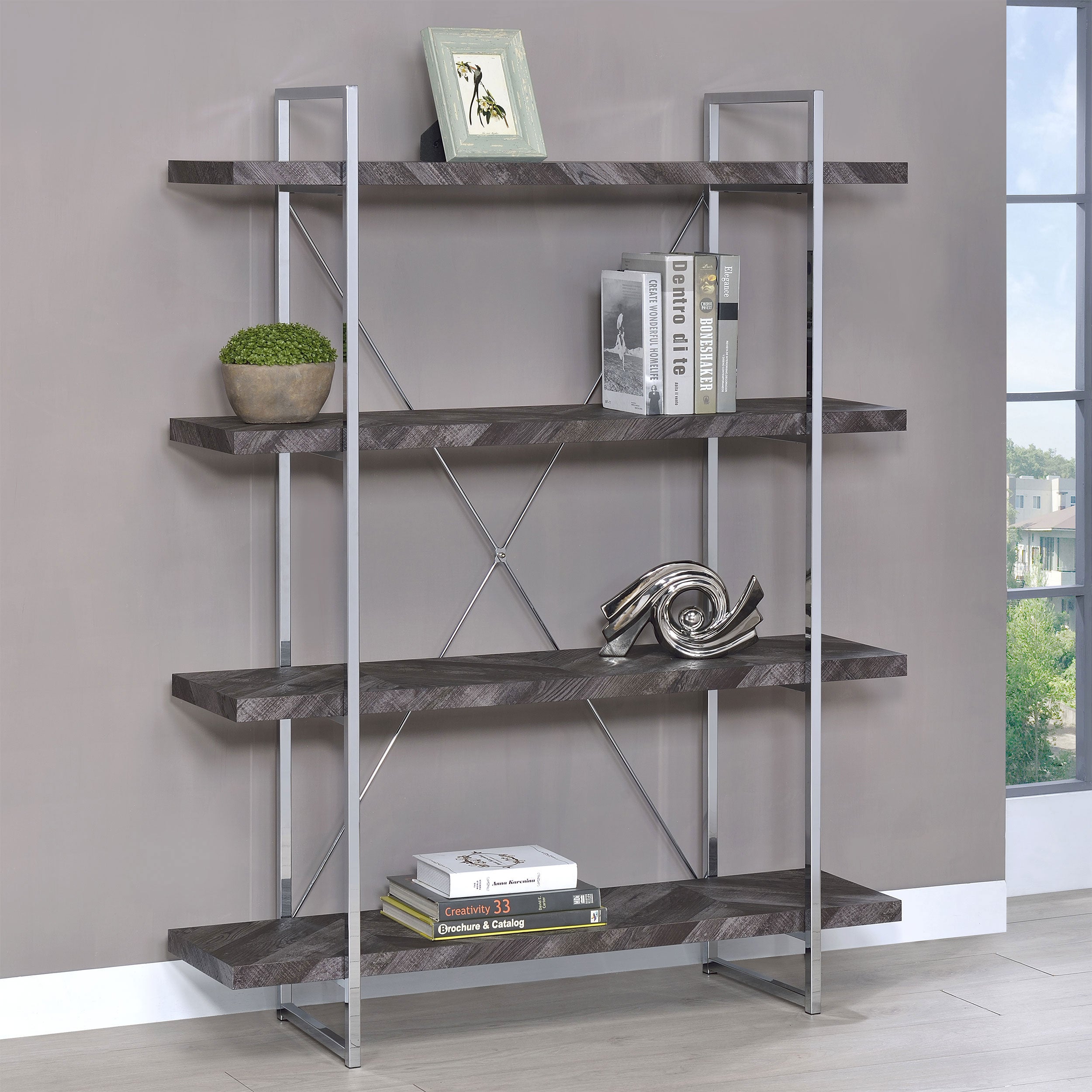 Grimma 63-inch 4-shelf Bookshelf Rustic Grey and Chrome — view 2