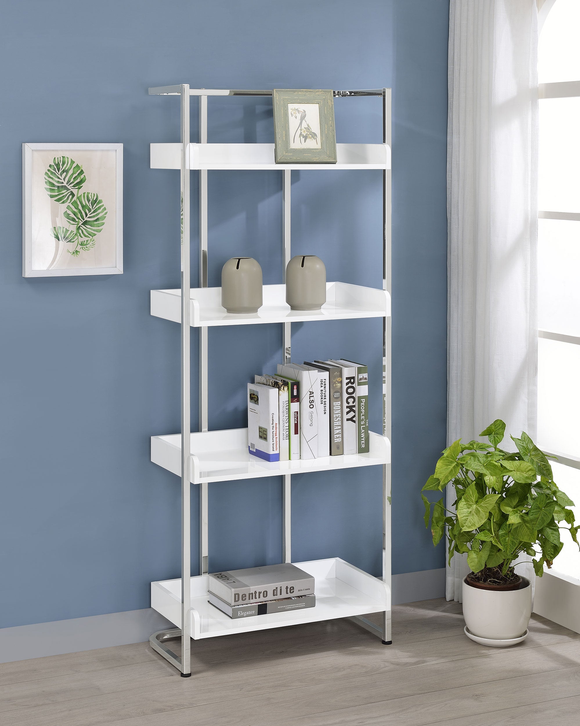 Ember 68-inch 4-shelf Bookshelf White High Gloss and Chrome — view 2