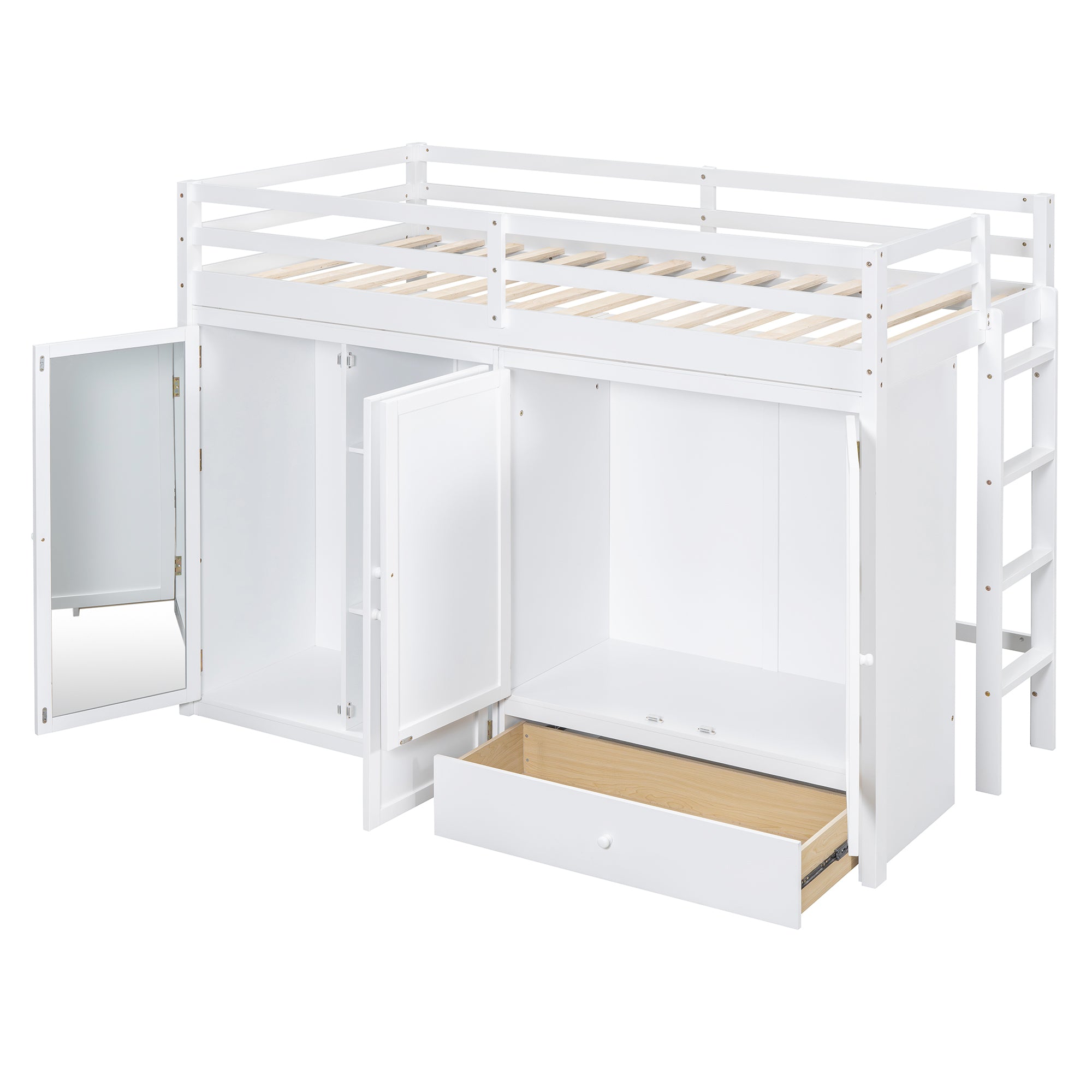 Twin size Loft Bed with Drawer, Two Wardrobes and Mirror, White - Atlantic Fine Furniture Melbourne FL