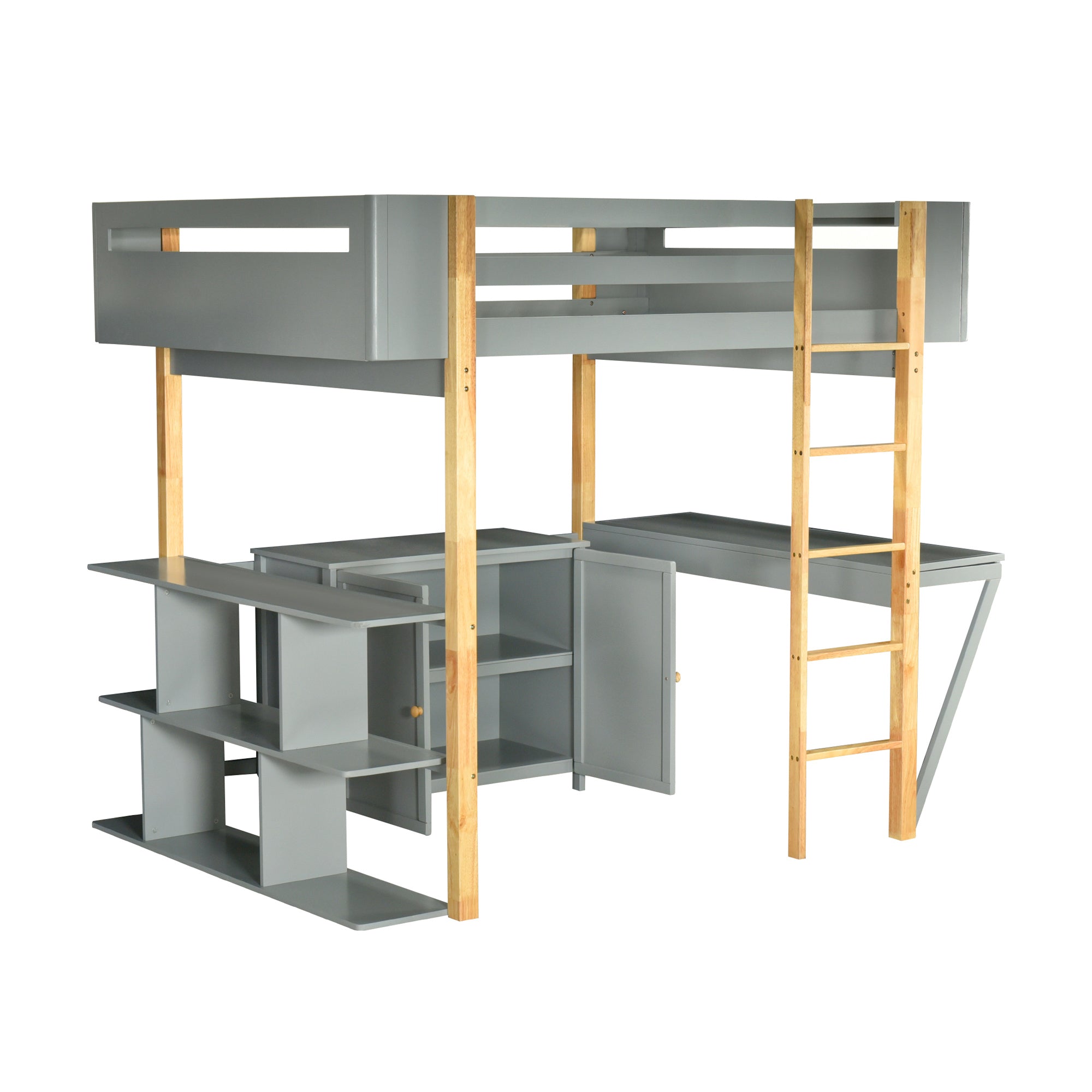 Full Size Wood Loft Bed With Built-in Storage Cabinet and Cubes, Foldable desk, Gray