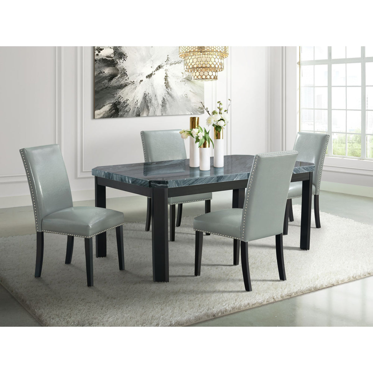 Francesca Rectangular 5 Piece Gray PU Chairs Dining Set, Table & Four Chairs in Gray Marble by Elements International, view 5