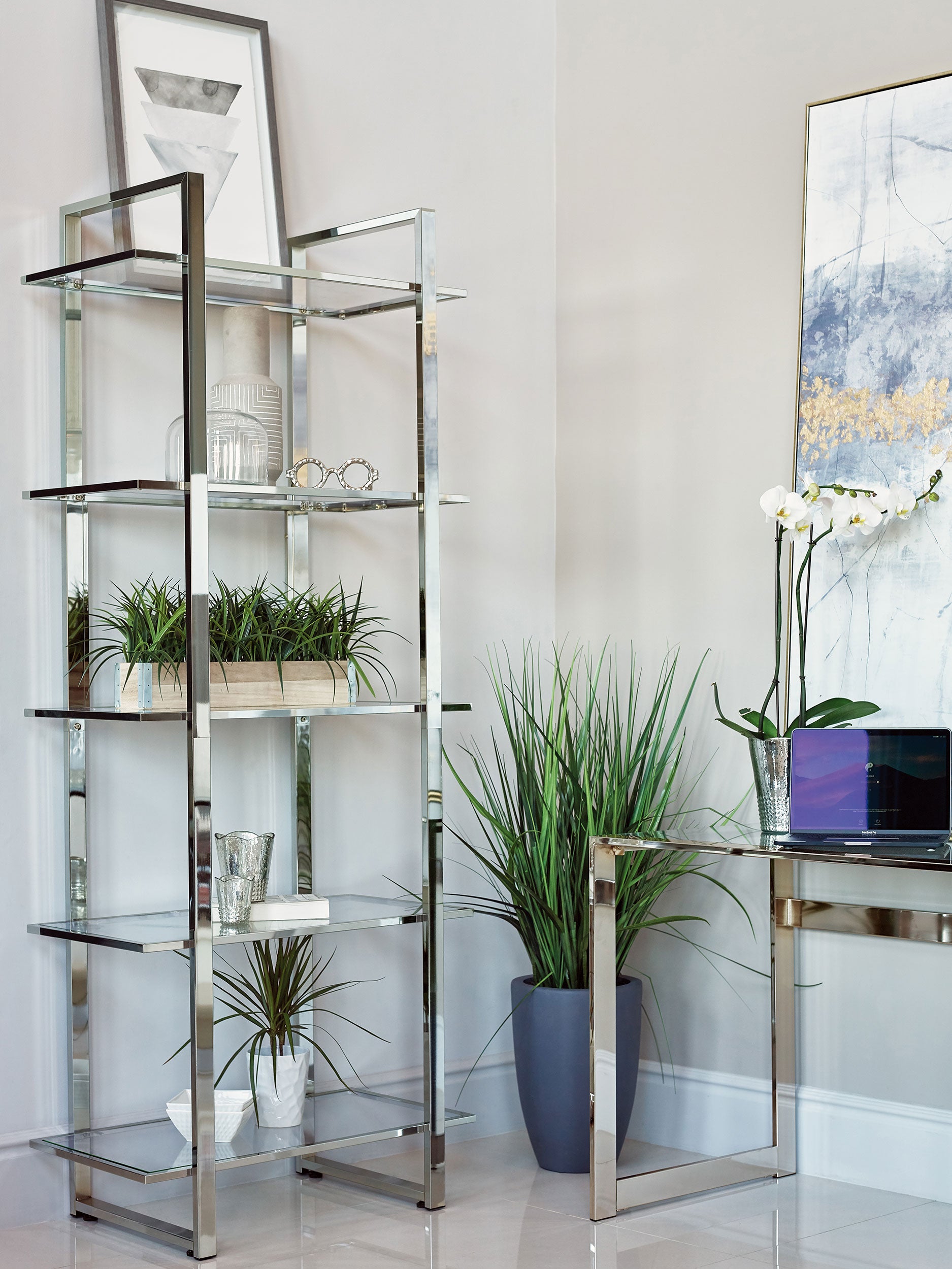 Hartford 79-inch 5-shelf Glass Bookshelf Chrome — view 2