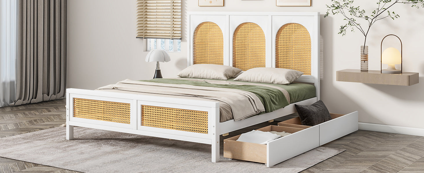 Full Size Wood Storage Platform Bed with 2 Drawers, Rattan Headboard and Footboard, White - Atlantic Fine Furniture Melbourne FL